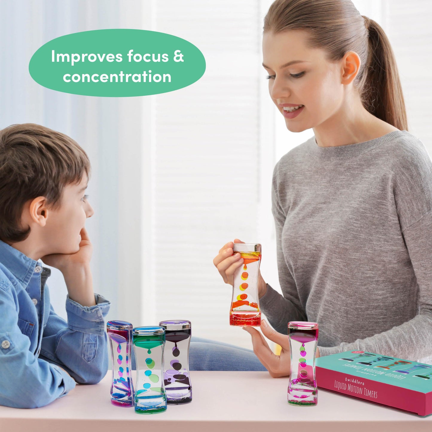 THE TWIDDLERS 5 Liquid Motion Timers Sensory Timer Hourglasses - 14cm, 5 Colours - Kids Water Bubble Lava Lamp Calming Sensory Toys for Autism, Stress Relief, Relaxation, ADHD