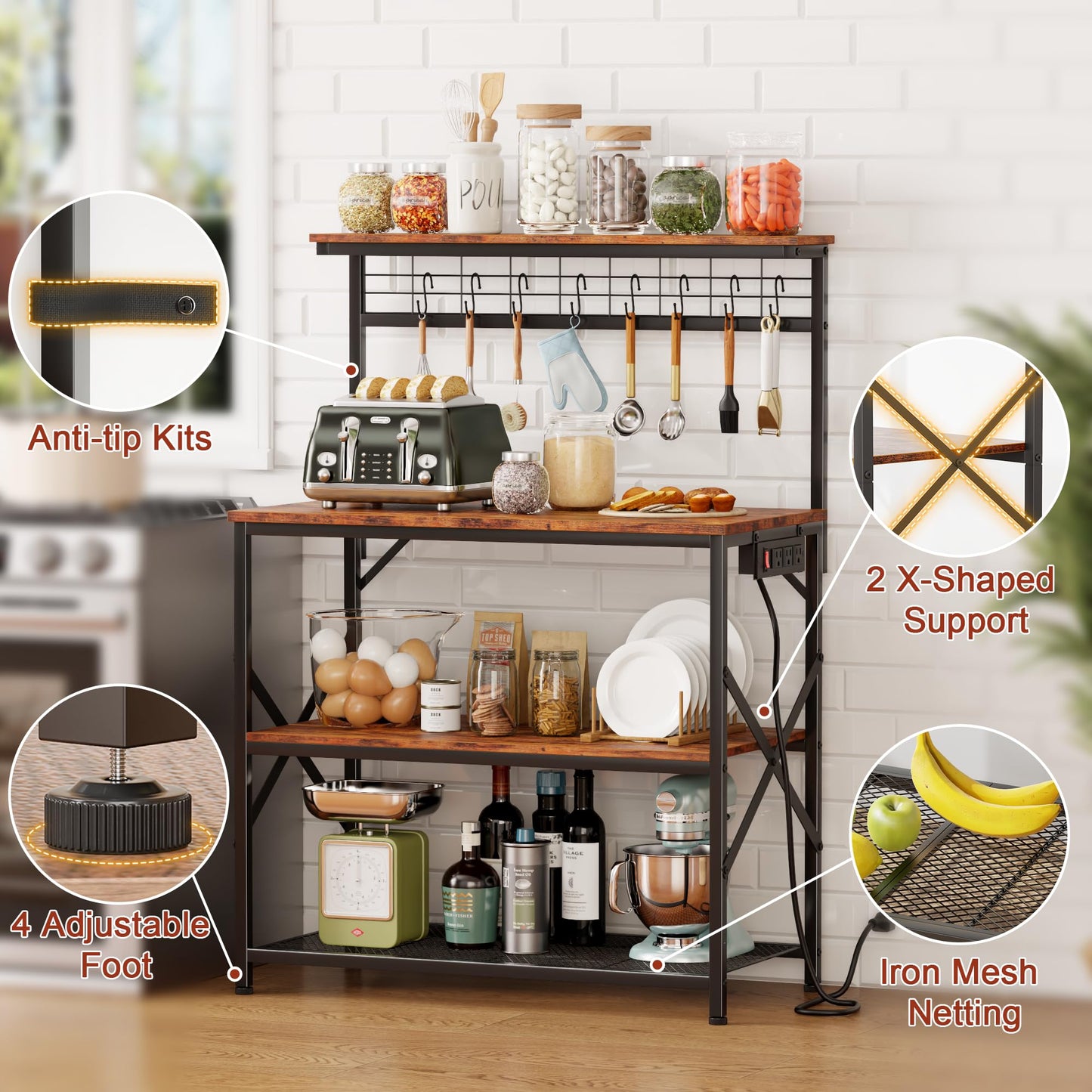 Furologee Kitchen Bakers Rack with Power Outlet, Microwave Oven Stand with Storage 4 Tiers, Coffee Bar Table with 6 S Hooks, Kitchen Storage Shelf Rack for Spices, Pots, Rustic Brown
