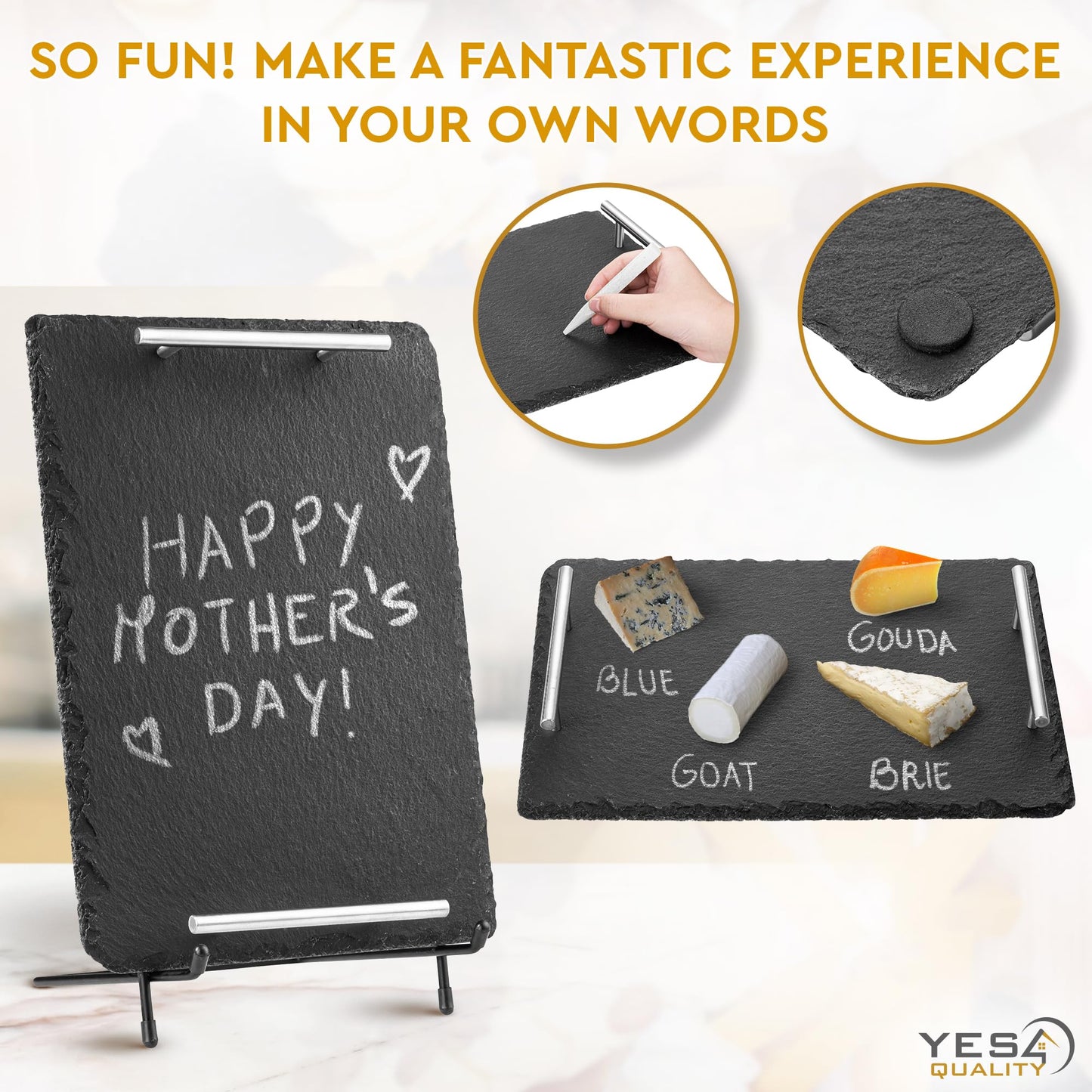 Slate Cheese Board Set w/Easy Carry Handles (14” x 10”, Black) Natural Stone Slate Tray for Appetizer Serving; Full Deluxe Cheeseboard Platter w/ 3 Knives, 1 Fork & 2 Soapstone Chalks by Yes4Quality