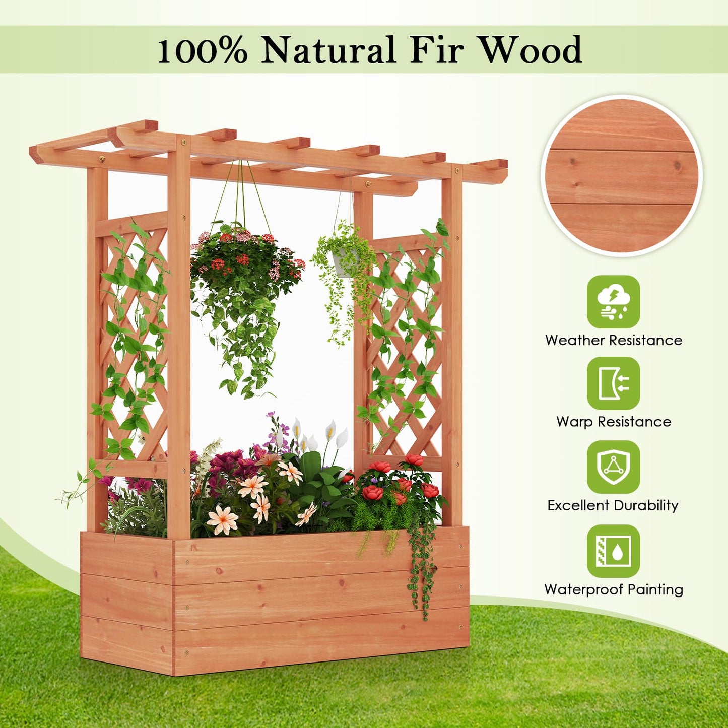 HAPPYGRILL Raised Garden Bed with Trellis, Freestanding Wood Planter Box w/Hanging Roof & 4 Drainage Holes for Vine, Climbing Plants, Flowers, Outdoor Planter with Trellis for Garden, Patio, Yard