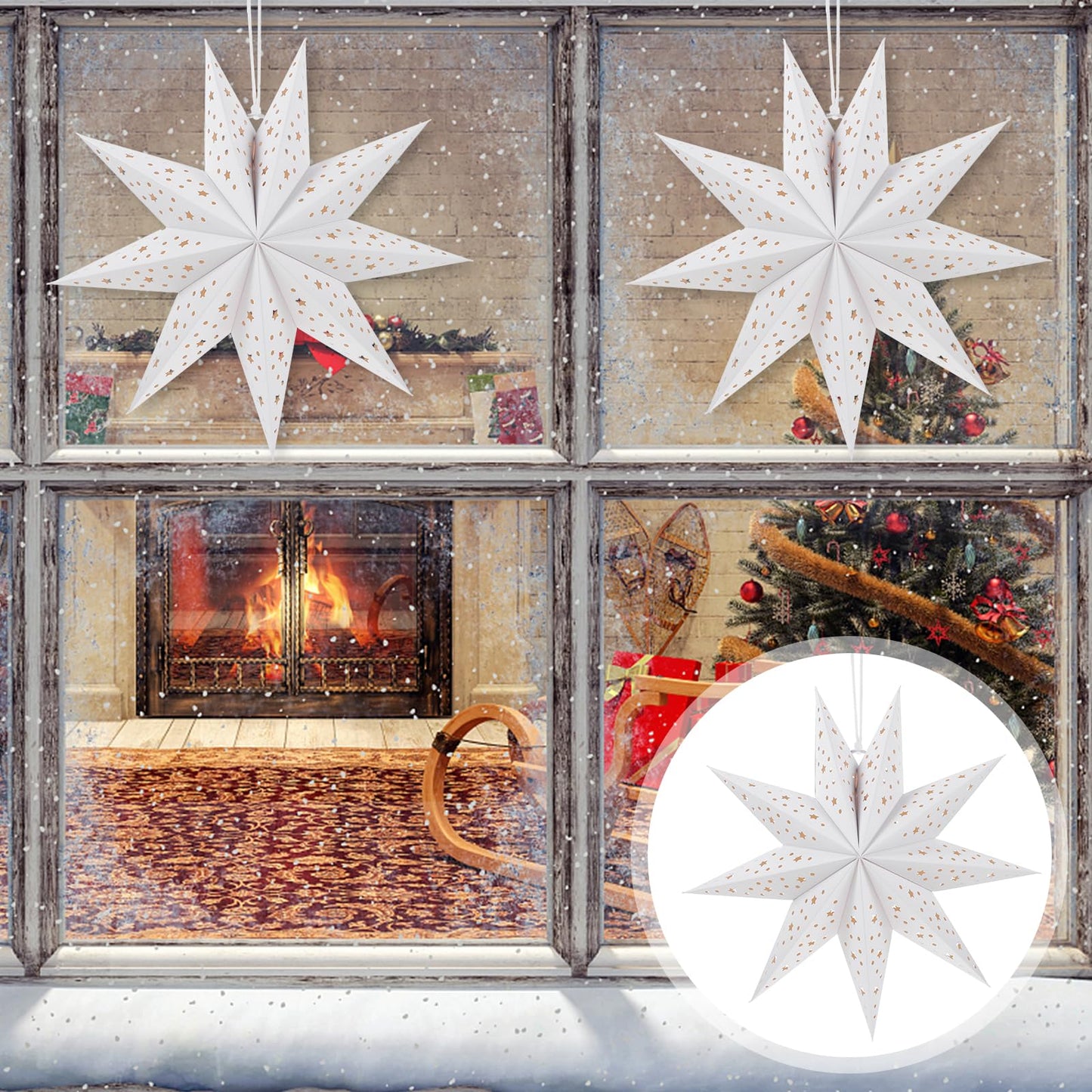 TOYANDONA Christmas Paper Lampshades: 3pcs White 9 Pointed Star Lampshade Lantern Shade Hanging Decorations, 35cm Hollow Out Lamp Covers for Wedding Birthday Holiday Christmas Party Hanging Decoration