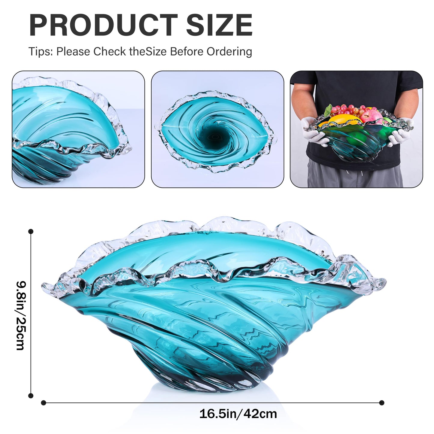 suruim Hand Blown Blue Ocean Wave Crystal Glass Bowl - Large Glass Bowl Decorative Sea Glass Fruit Bowls Art for Coastal & Modern Home Office Centerpiece