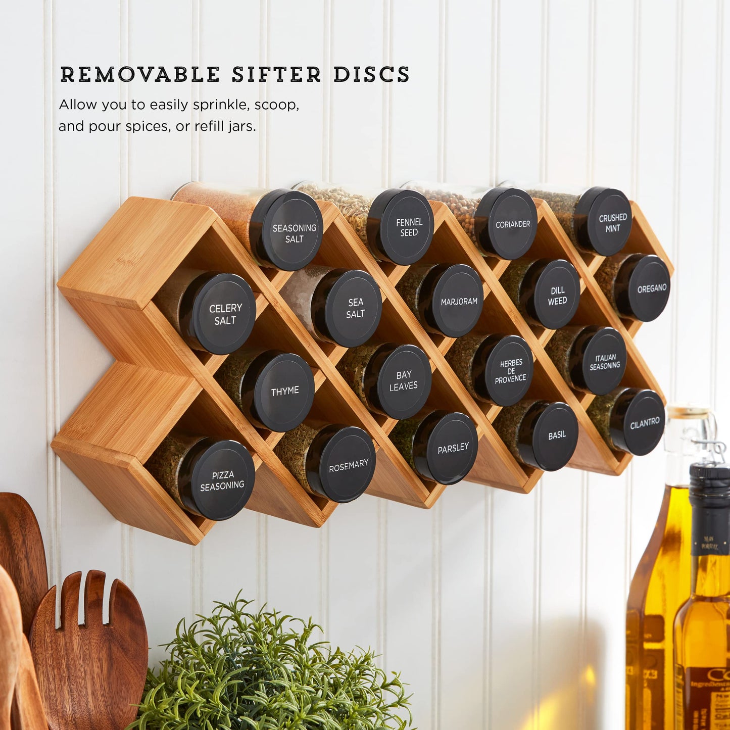 Kamenstein Criss Cross 18 Jar Bamboo Spice Rack with Spices Included - Countertop, Drawer, or Wall Mount Organizer with Refill Program