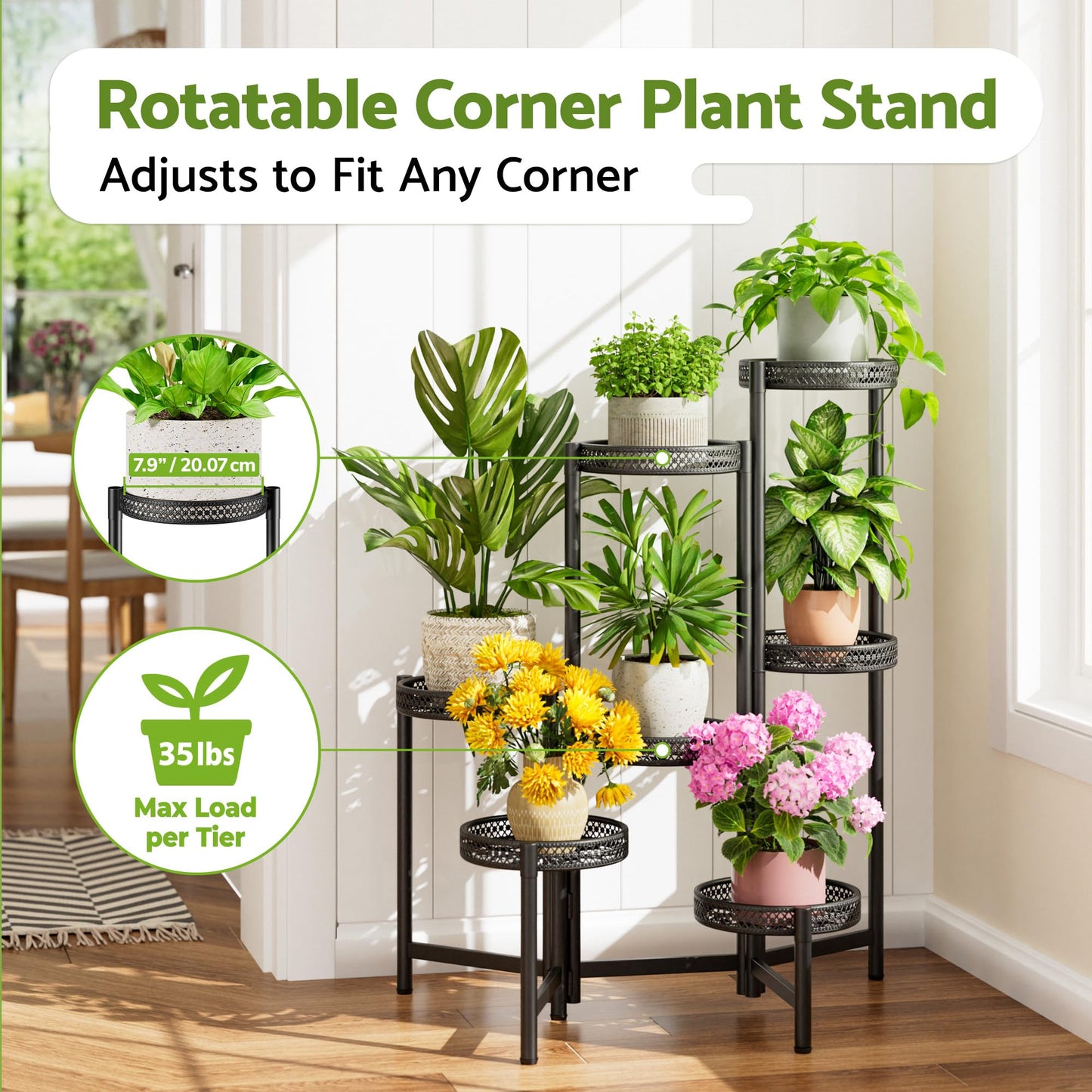 NQW 7 Tier Large Metal Plant Stand Indoor Outdoor with 7.9 Inch Wide Tray, Tiered Corner Plant Stand, Flower Display Holder Shelf, Folding Tall Rack for Patio Porch Balcony Living Room Garden - BlackWave