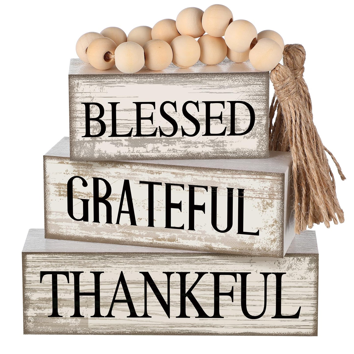 4 Pcs Farmhouse Wooden Tabletop Decor Neutral Farmhouse Tiered Tray Decor Rustic Retro Wood Bead Garland Blessed Grateful Thankful Block Sign Centerpiece for Coffee Home Office Shelf Mantle Table