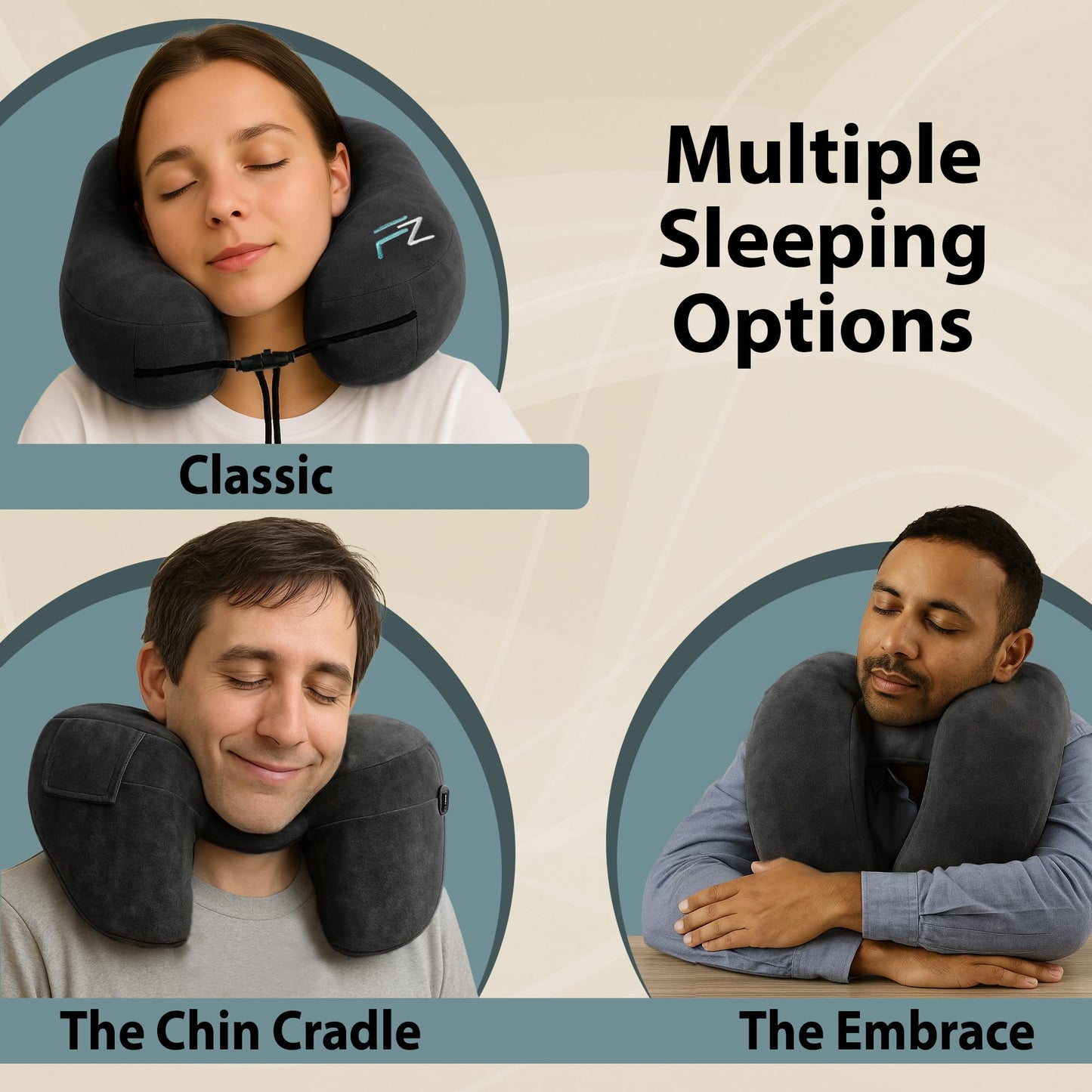 FLOWZOOM Air Inflatable Neck Pillow for Travel – H-Shape Airplane Pillow with 5 Sleeping Positions, Quick Inflation, Adjustable Pressure, Detachable Hood, Soft Plush Cover – Size M, Black