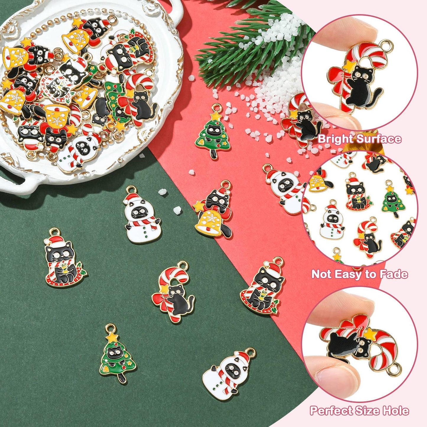 LiQunSweet 30 pcs 5 Styles Christmas Cat Theme Alloy Enamel Charms Xmas Tree Bell Snowman Wreath Candy Cane Charms for DIY Jewelry Bracelet Necklace Earring Craft Keychain Bag