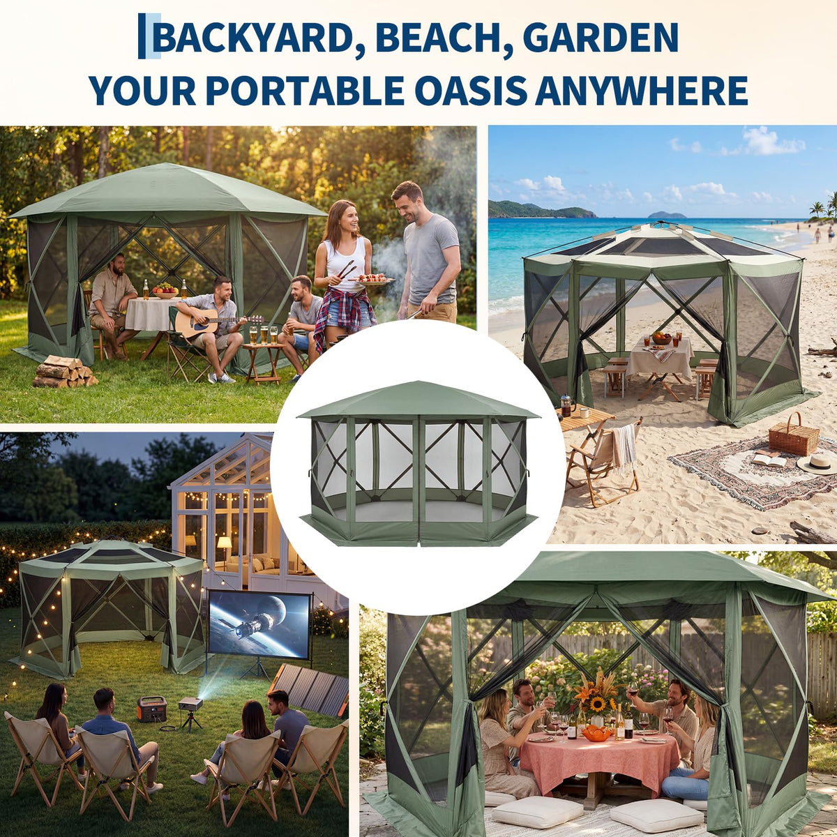 GarveeHome 13x13FT Pop Up Gazebo Screen Tent, 6-Sided Canopy with Starry Sky Top, 210D Oxford Water-Proof Instant Shelter with Mosquito Netting for Backyard Camping, Green & Gray