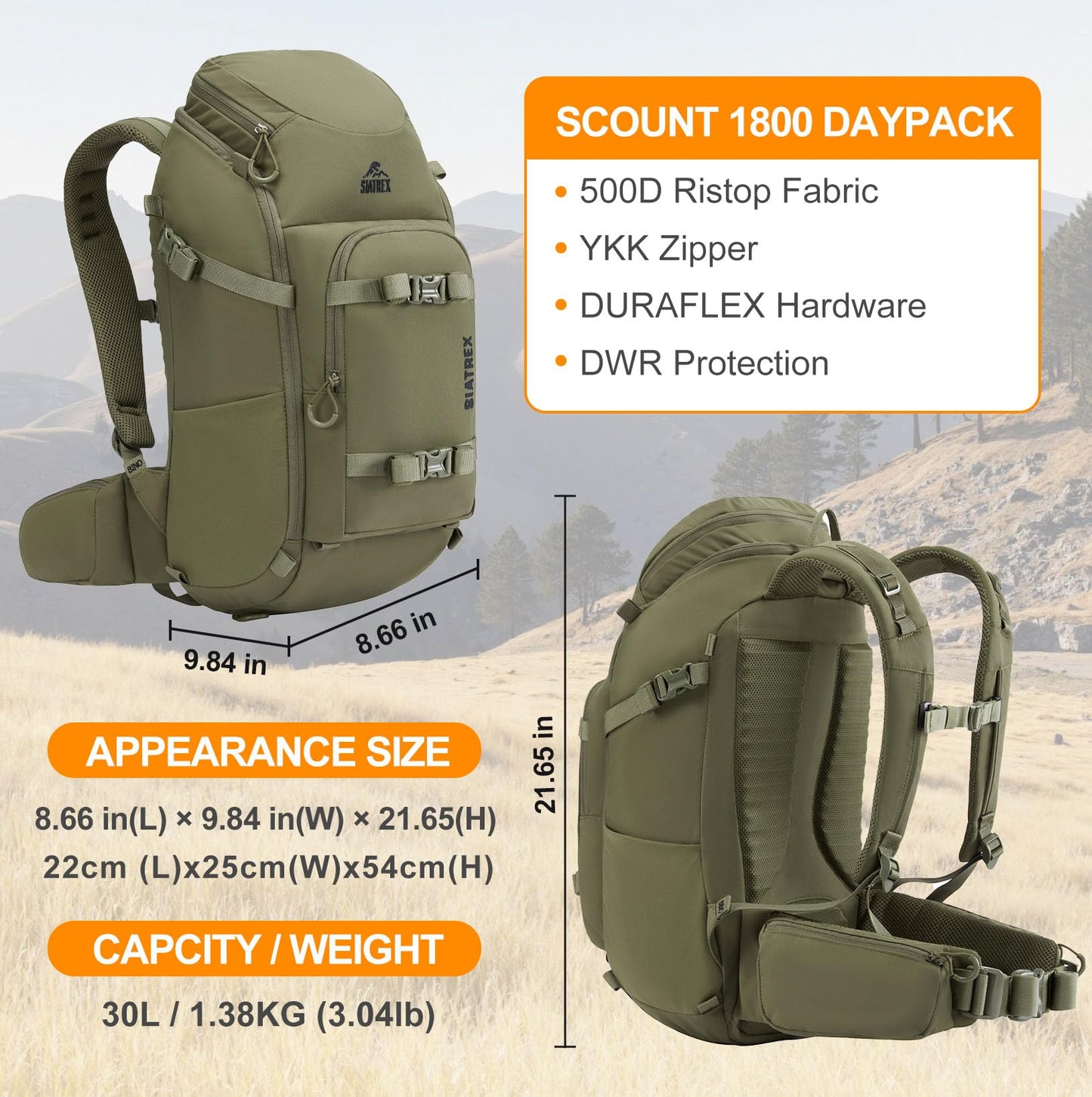 SIATREX SCOUT1800 Hunting Daypack – 500D DWR Tear-Resistant Nylon, Lightweight Tactical Backpack with MOLLE Webbing & Hydration Compatible, for Archery, Scouting, and Backcountry Hunts