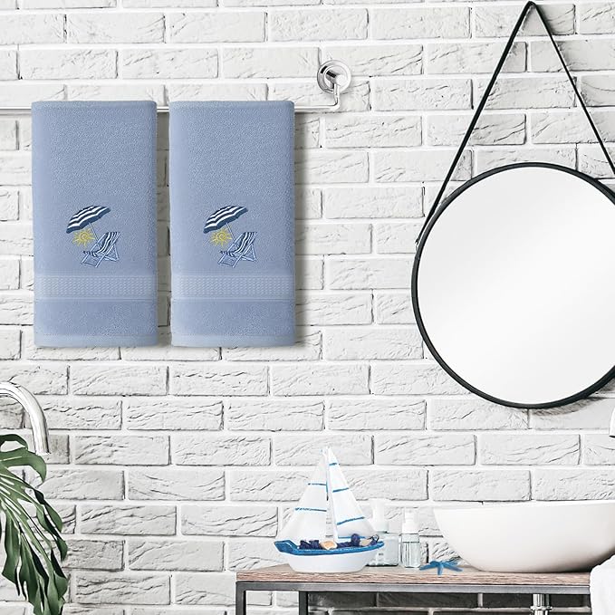 2 Pcs Beach Chair Hand Towels Slate Blue Bathroom Decor 14x29 Inch Embroidered