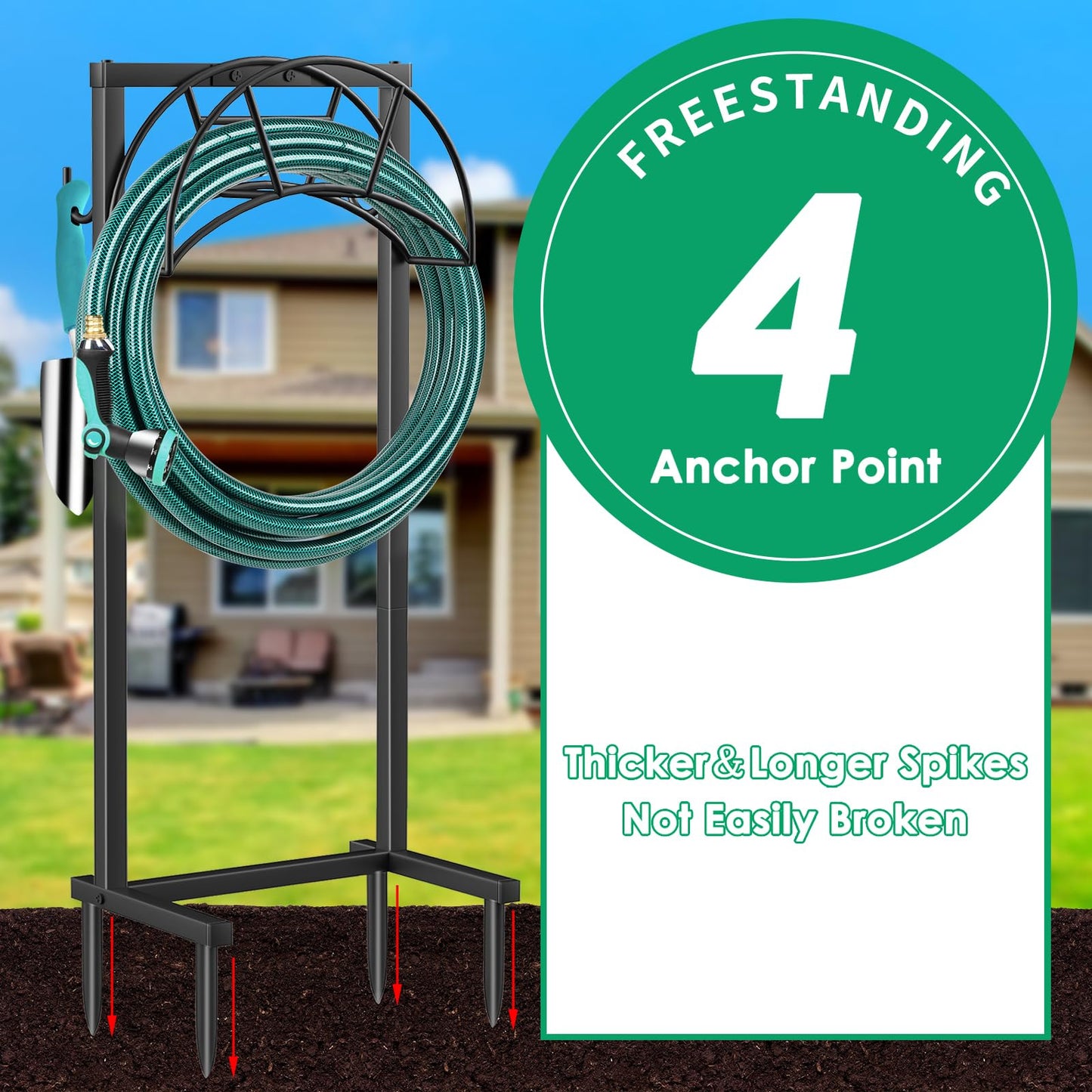 TomCare Garden Hose Holder 4 Spikes Garden Hose Reel Hose Stand Upgraded Water Hose Storage with Tool Hooks Garden Hose Hanger Organizer Holds 160ft Hoses for Outside Yard Lawn, Black
