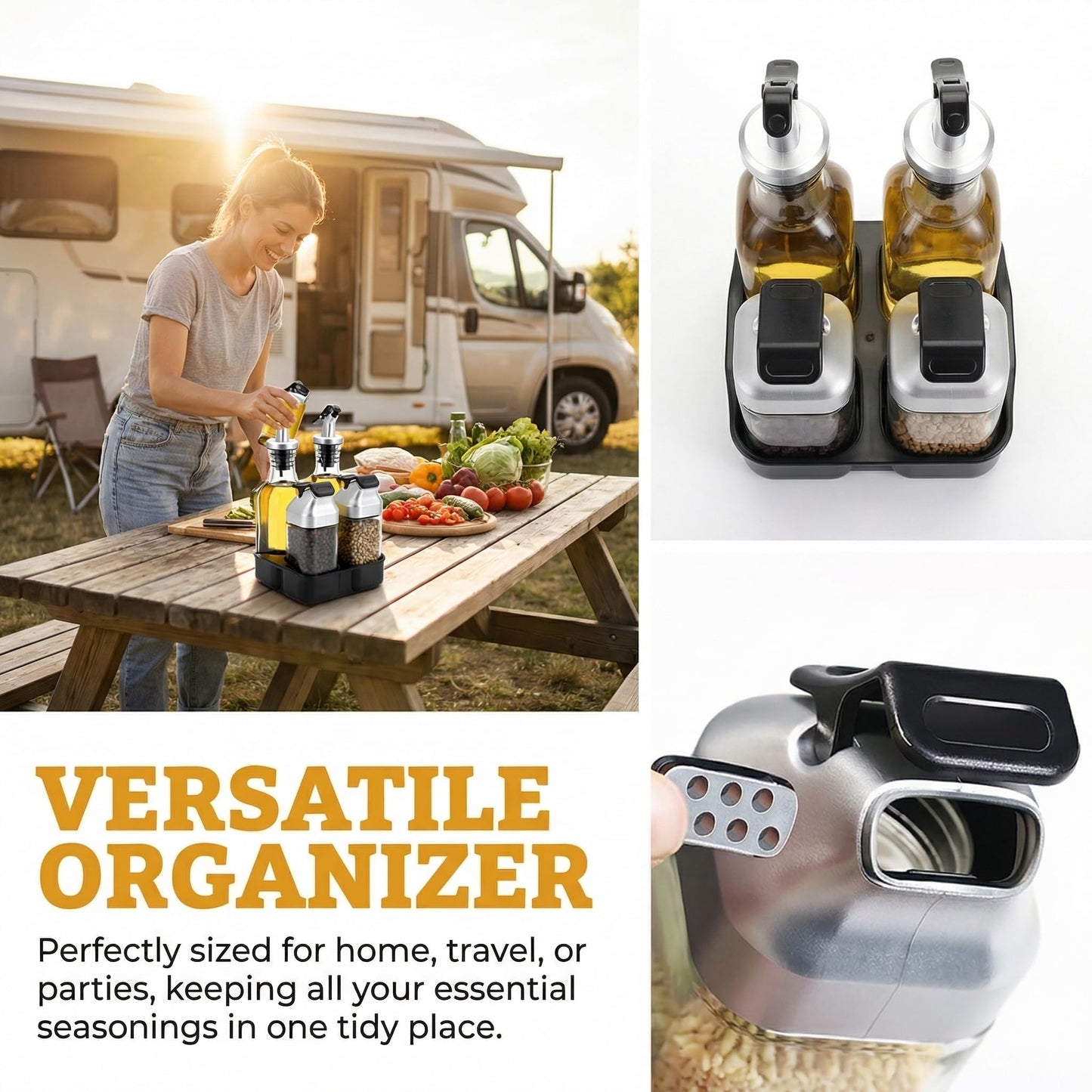Jucoan 5 PCS Oil Vinegar Dispenser Bottles Set with Caddy Stand, Tabletop Glass Salt Pepper Shaker Olive Oil Vinegar Cruets Set with Tray for Home Kitchen Restaurant RV Camp Travel Wedding Party