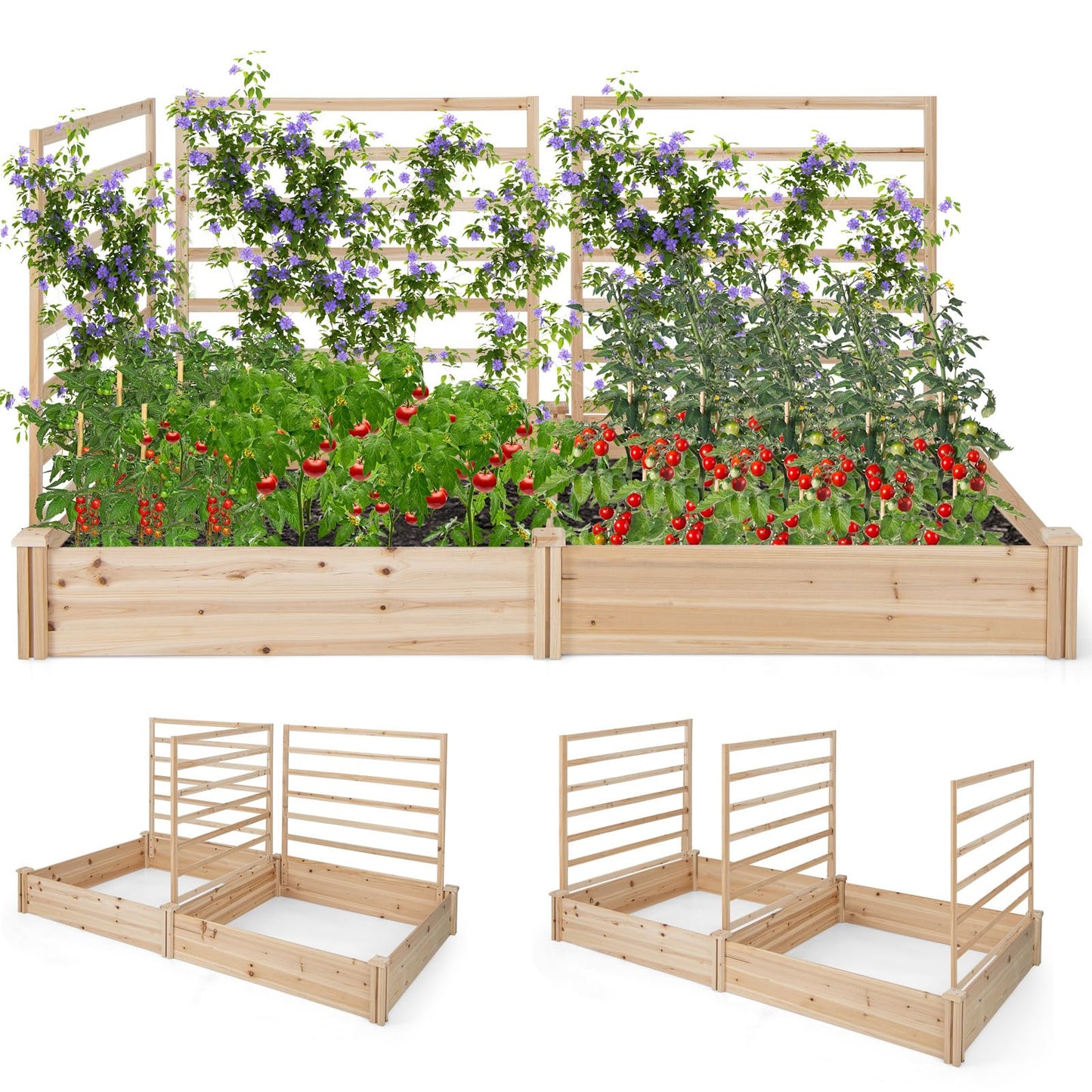 S AFSTAR Raised Garden Bed with 3 Trellis & 2 Planter Boxes, Outdoor Wooden 88" L x 45" W x 43" H Planter Box Kit for Flower Herb Vegetable Fruit Climbing Vines, Gardening Planter for Garden Patio