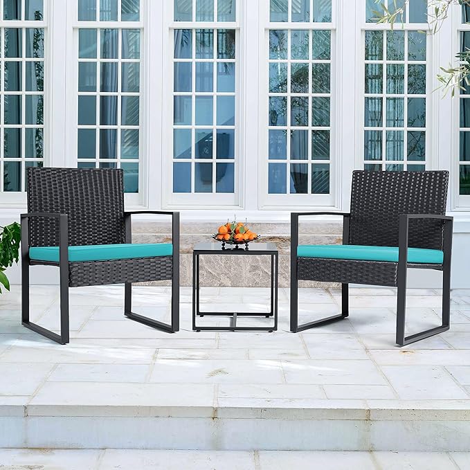 Flamaker Patio Set Outdoor Wicker Furniture, Modern Bistro Set with Rattan Chair and Coffee Table for Yard (Blue)