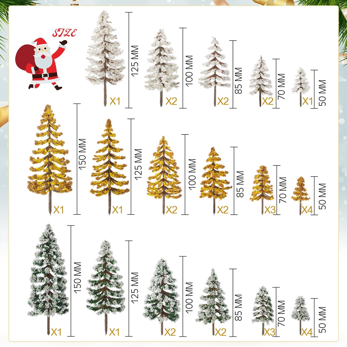 Skylety 35 Pieces Model Trees 6.3-1.2 Inch Mixed Miniature Trees Diorama Supplies Fake Plants Train Scenery Landscape Christmas Village Architecture DIY Crafts(Dark Green, Gold, White,Snowy Cedar)