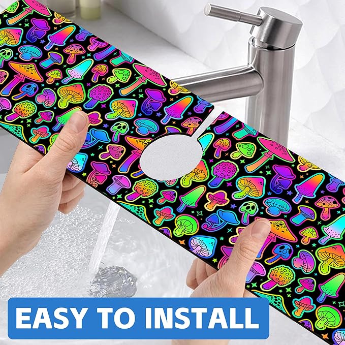 Bright Psychedelic Mushroom Kitchen Sink Splash Guard Mat Absorbent Fast Drying