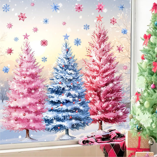 Large Pink Winter Window Decoration Clings Watercolor Pine Tree Window Decals Double-Sided Indoor Tree Glass Vinyl Cling Removable Xmas Tree Static Decal for Holiday Party Home Office Supplies