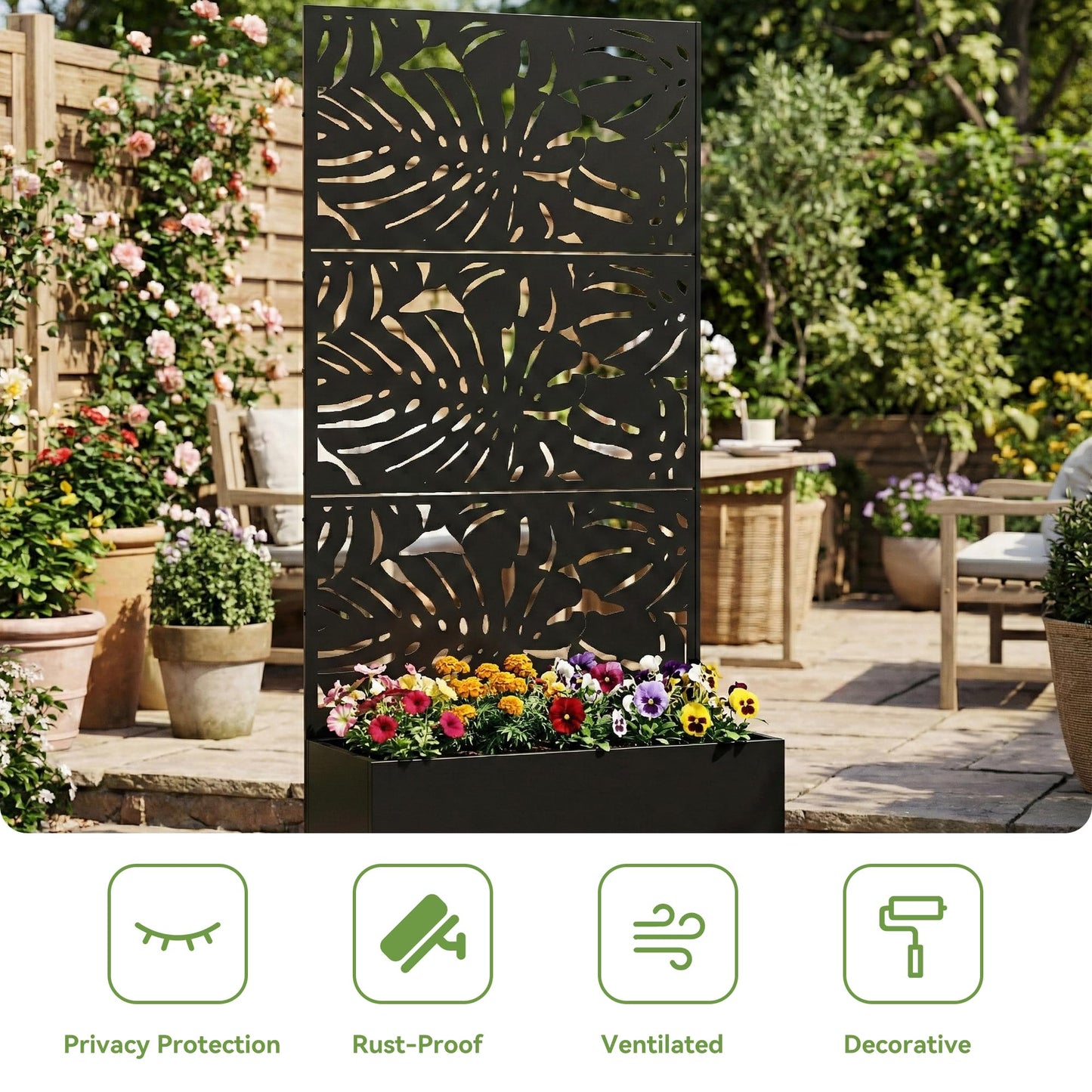 Qatiby Metal Raised Garden Bed with Trellis and Wheels, 71"x35"x16" Planter Box with Privacy Screen & Drainage Holes, Mobile Outdoor Garden Bed for Climbing Plants, Vegetables, Flowers (Black-Summer)