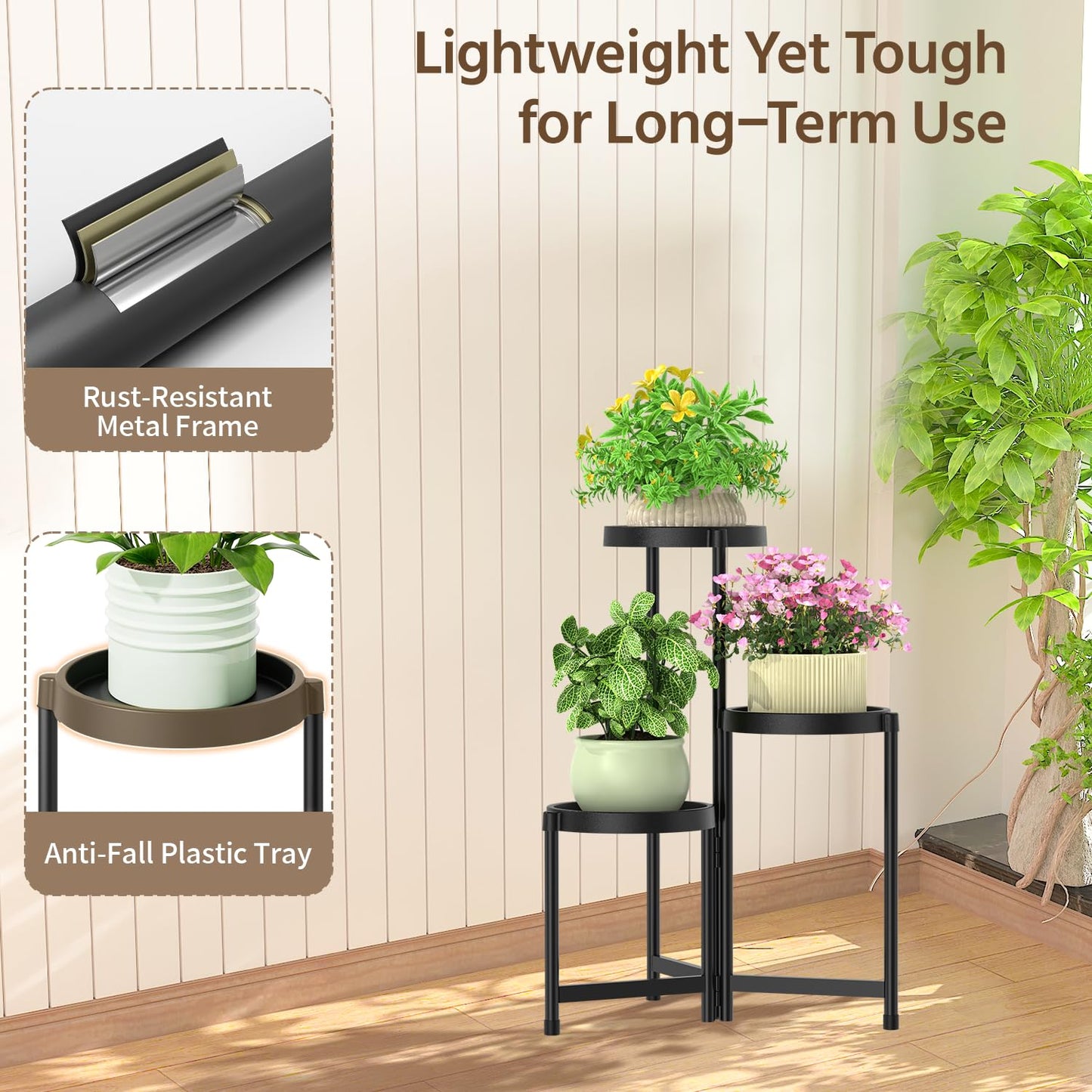 LASZOLA 3 Tiered Plant Stand Indoor Outdoor with Plastic Tray, Corner Folding Tall Flower Display Rack, Modern Plant Holder Shelf for Outdoor Patio Porch Garden Office Living Room, Black