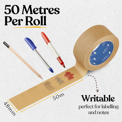 Koju Kraft Paper Packing Tape 48mm x 50m | 3 pack | Eco Friendly & Recyclable Brown Paper Tape for Parcel Packing & Picture Framing
