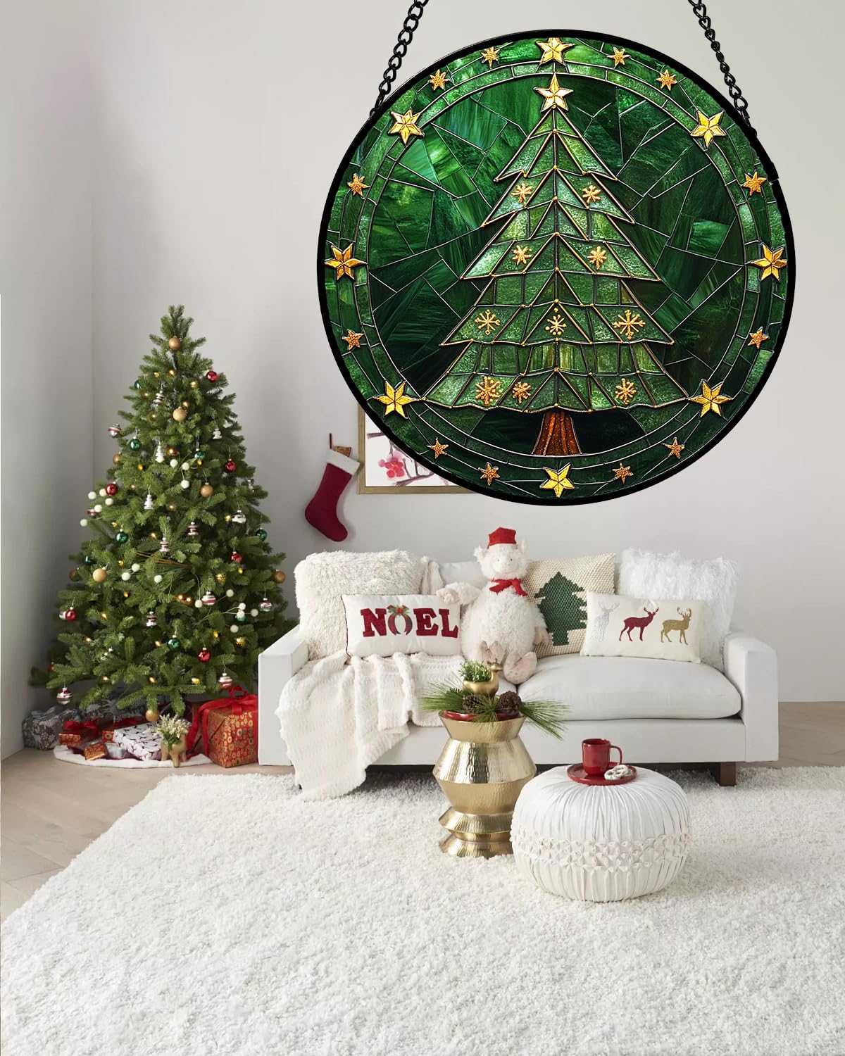 Stained Glass Window Hanging - Green Christmas Tree with Golden Stars Suncatcher for Doors Home Christmas Decoration Sun Catcher Thanksgiving New Year Birthday Gifts for Women Men Mom Nana 6.3 in