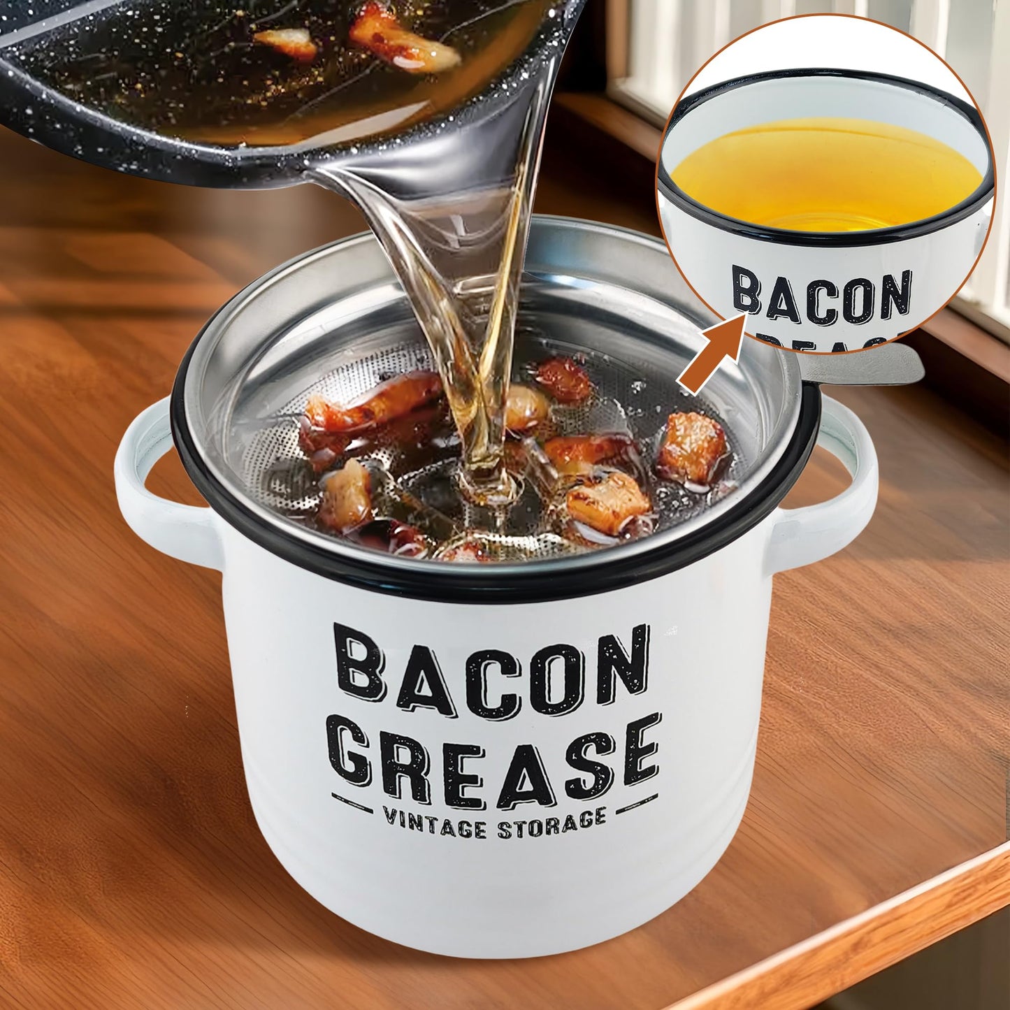 YOKODU 42oz Bacon Grease Container with Strainer,Enamel Ceramic Bacon Fat Can for Grease Drippings and Storage Grease Saver Keeper for Reuse & Disposal(green)
