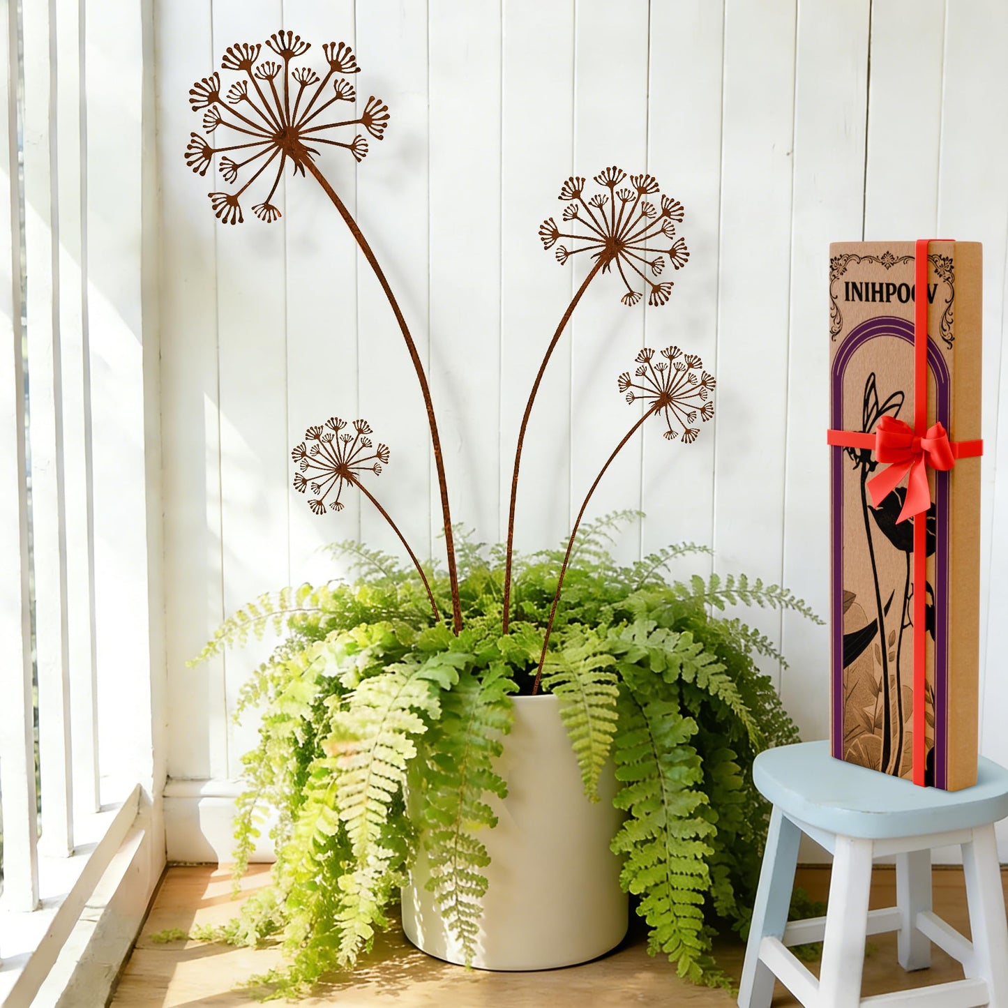 inihpocv 4-Pack Dandelion Metal Flowers for Outside, Rustic Wild Flower Decorative Garden Stakes for Potted Plants, Metal Yard Art, Gift-Boxed Indoor & Outdoor Garden Decor (Dandelion Flower Set)