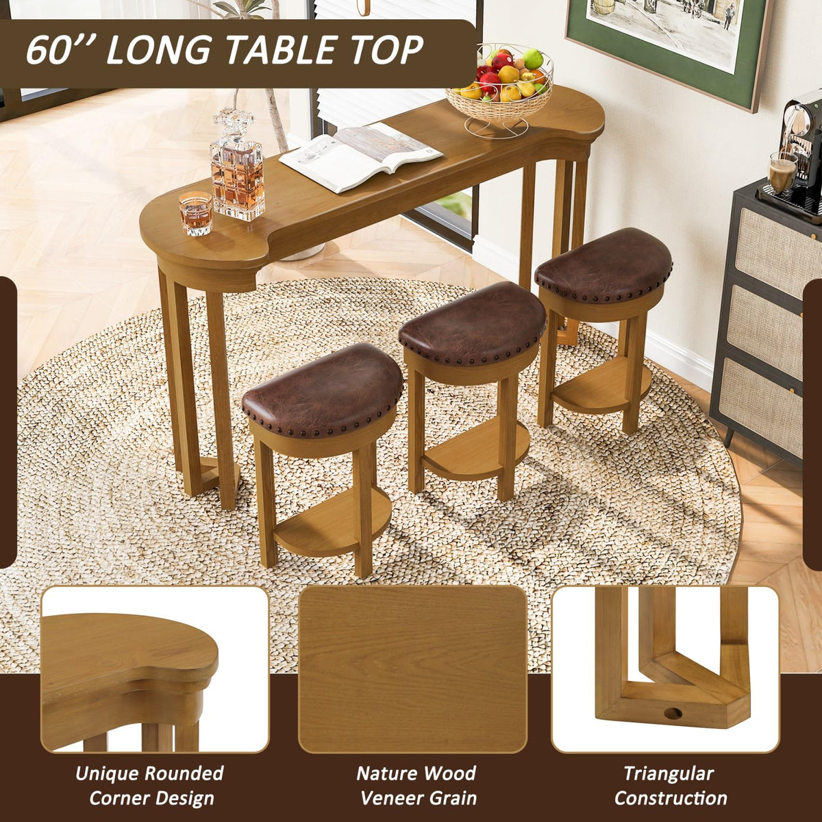 KEIKI 60" Solid Pine Wood Bar Table Set with 3 PU Stools Chairs, Long Bar High Top Dining Table & Upholstered Stools, Behind Couch Sofa Counter Height Pub Table for Breakfast, Kitchen Living Room