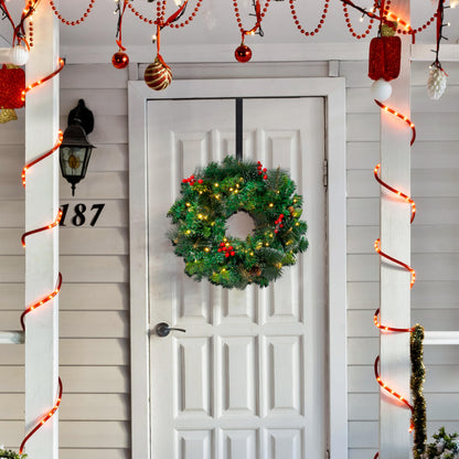 Joiedomi 20” Artificial Christmas Wreath Prelit with 15” Hanger, Decorated with 50 LED Lights, Red Berries, Pine Cones Glitter Pine Needles for Front Door Wall Christmas Decorations (Battery Operated)