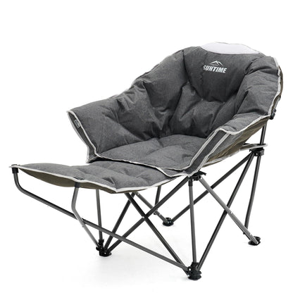 Upgrade Oversized Padded Comfy Camping Chair with Removable Leg Rest,Adjustable Cup Holder,Built-in Comfy Foam Armrest Supports,Heavy Duty Outdoor Round Folding Chair for Camping, Carry Bag, Gray