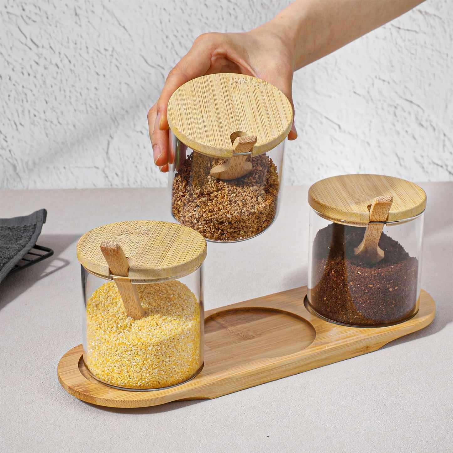 2 Pcs Salt and Sugar Container Sets, Condiment Containers with Lids, Square Glass Jar with Bamboo Lid & Spoon, 12 Oz Glass Pantry Storage Containers for Kitchen, Coffee, Tea, Candy, Spice Organization