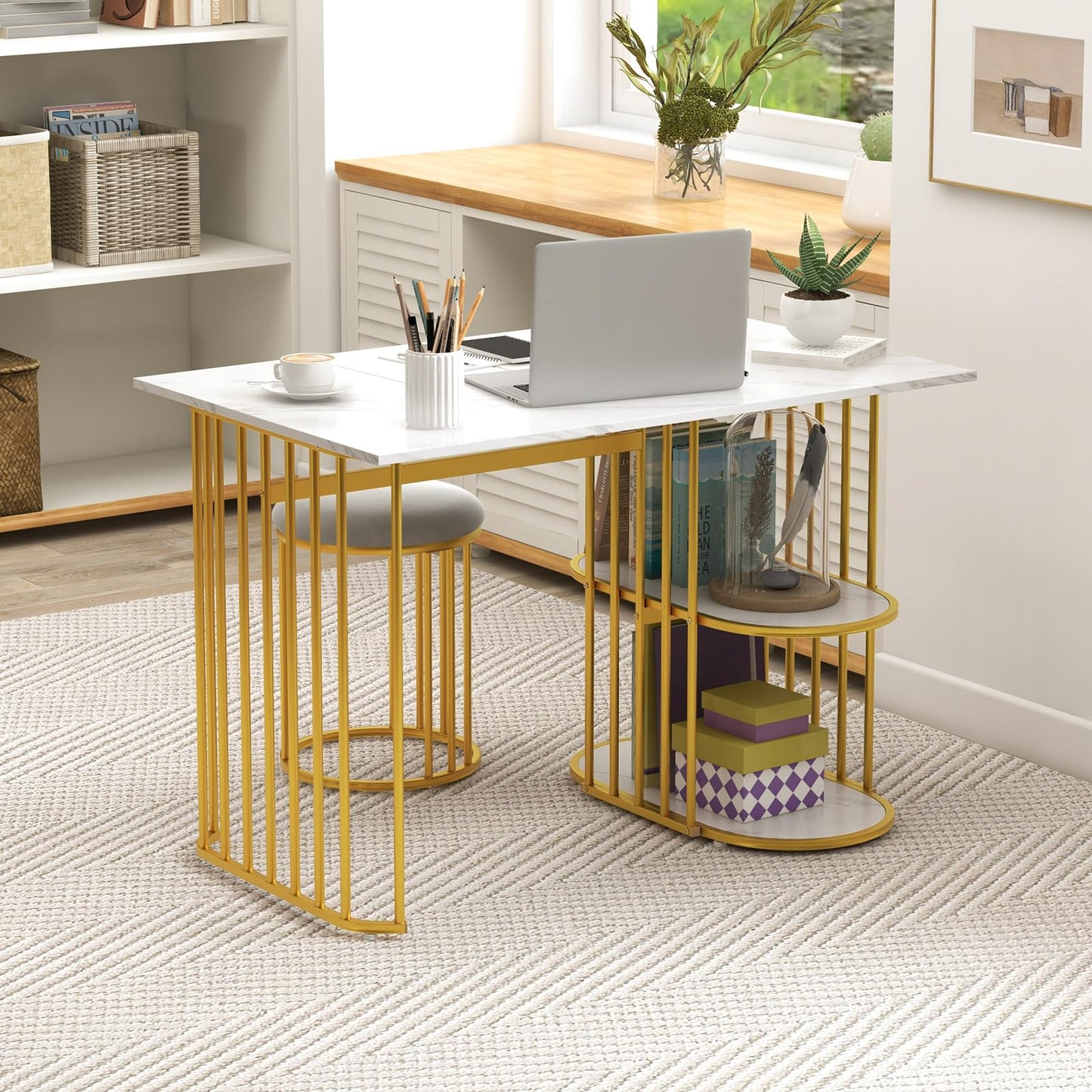 Giantex 3-Piece Dining Table Set for 2, Rectangular Kitchen Table with 2 Stools, 2-Tier Storage Shelf, Upholstered Seat, Faux Marble Top, Metal Frame, Dinette Desk, Breakfast Desk for Small Space