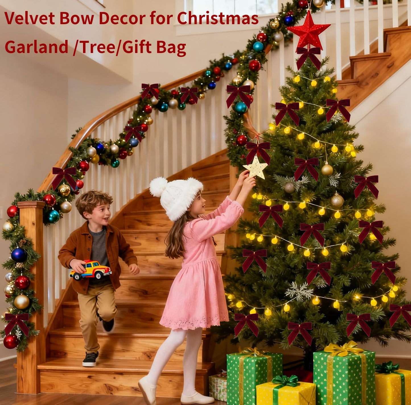 Doacpcr 24 Pcs Burgundy Small Velvet Bows for Valentines Day Decorations, 3.5 Inch Xmas Velvet Ribbon Bow Ornaments for Christmas Farmhouse Wreath Garland DIY Craft Gift Wrapping Decorative, 1" W
