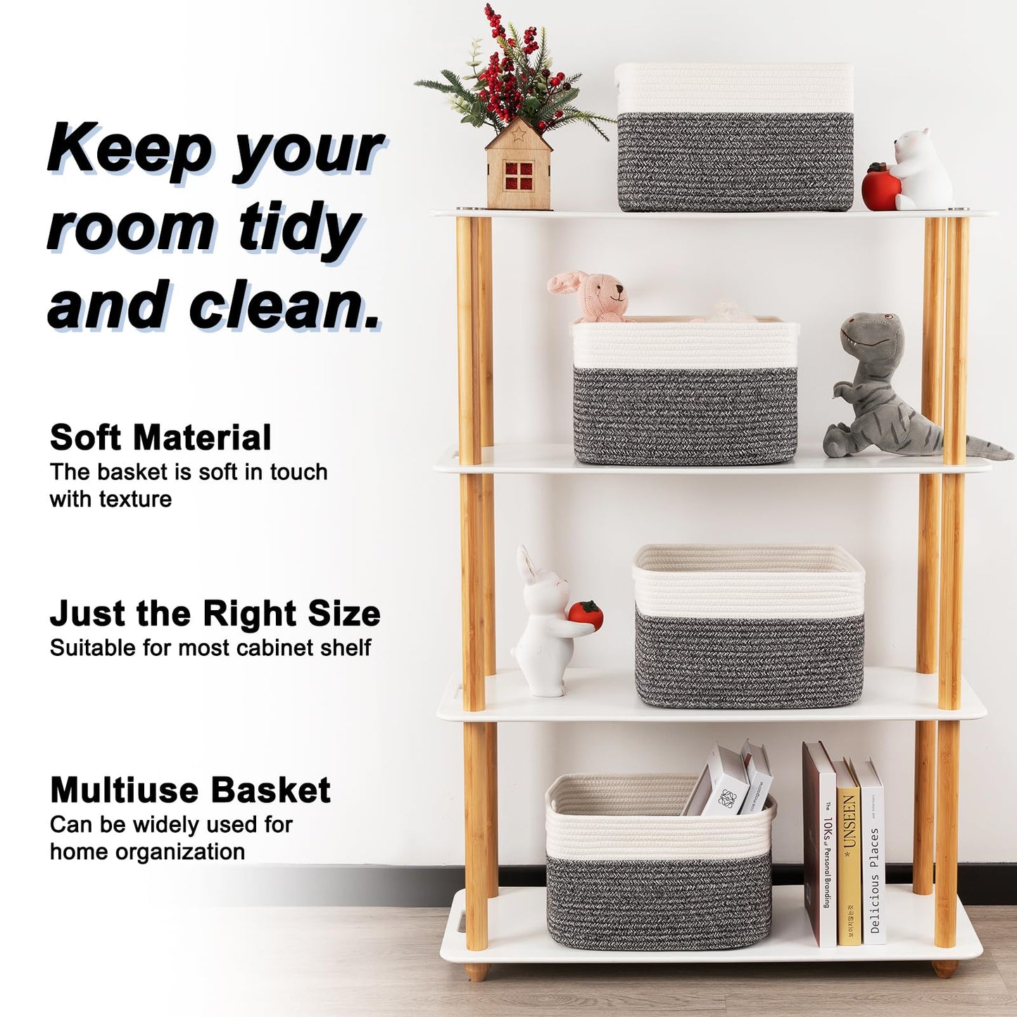 SIXDOVE 4 Pack Storage Baskets for Organizing, Woven Baskets for Shelves - Perfect for Toys, Books, Towels, and Clothes, Durable Gift Basket Bins Toy Storage, 12.7''Lx9''Wx7.8''H, Black & White