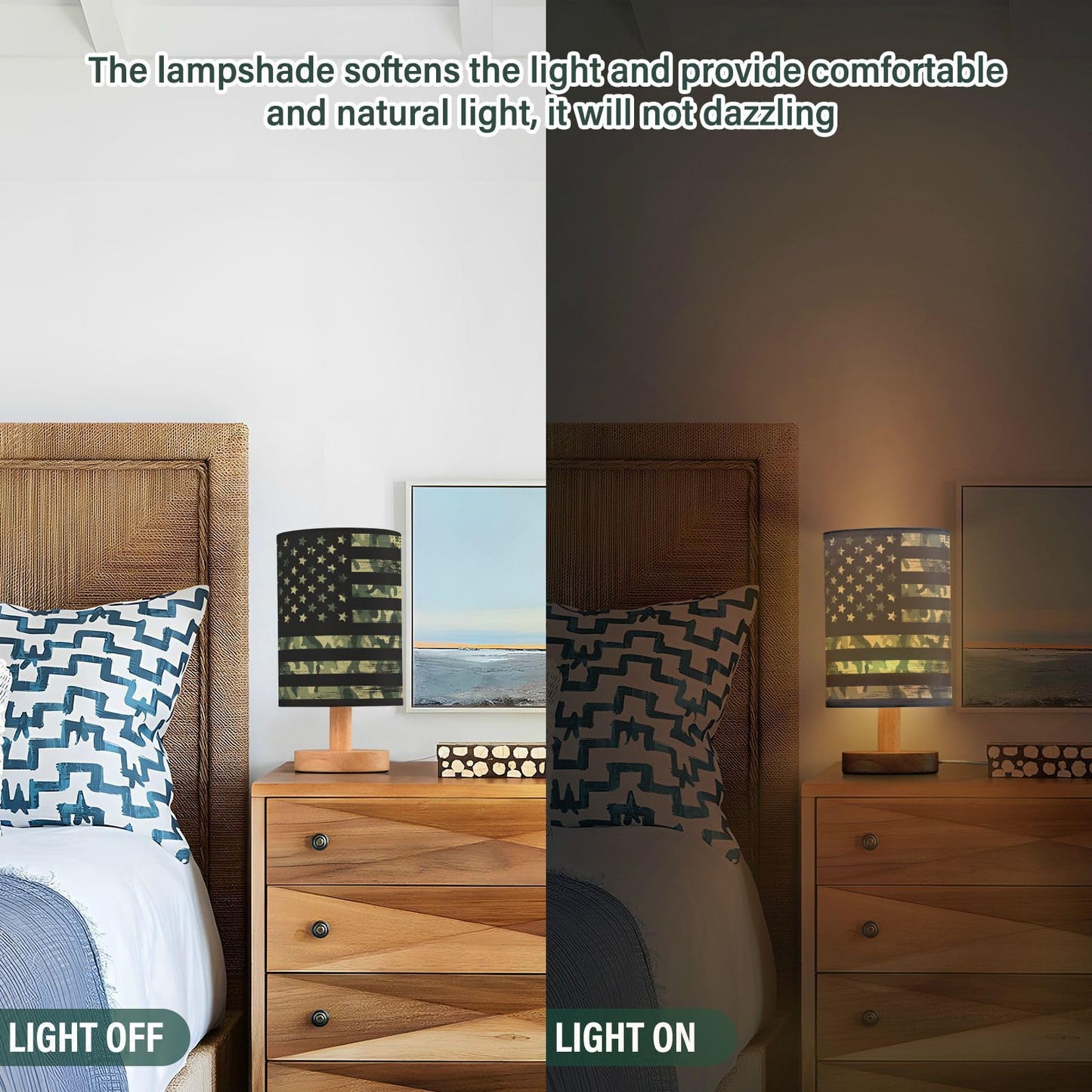 YETTASBIN Camo American Flag Bedside Table Lamp, Small LED Desk Light USB Nightstand Lamp with Non Slip Wood Base & Eye-Friendily Lampshade for Living Room Bedroom Dorm Home Office Desk Decor