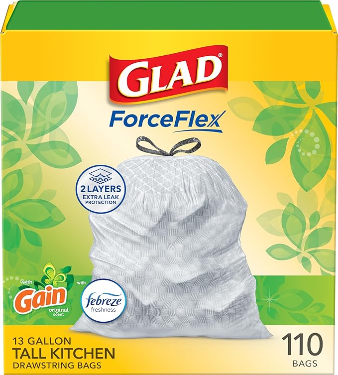 Glad ForceFlex Tall Kitchen Drawstring Trash Bags, 13 Gal, Gain Original