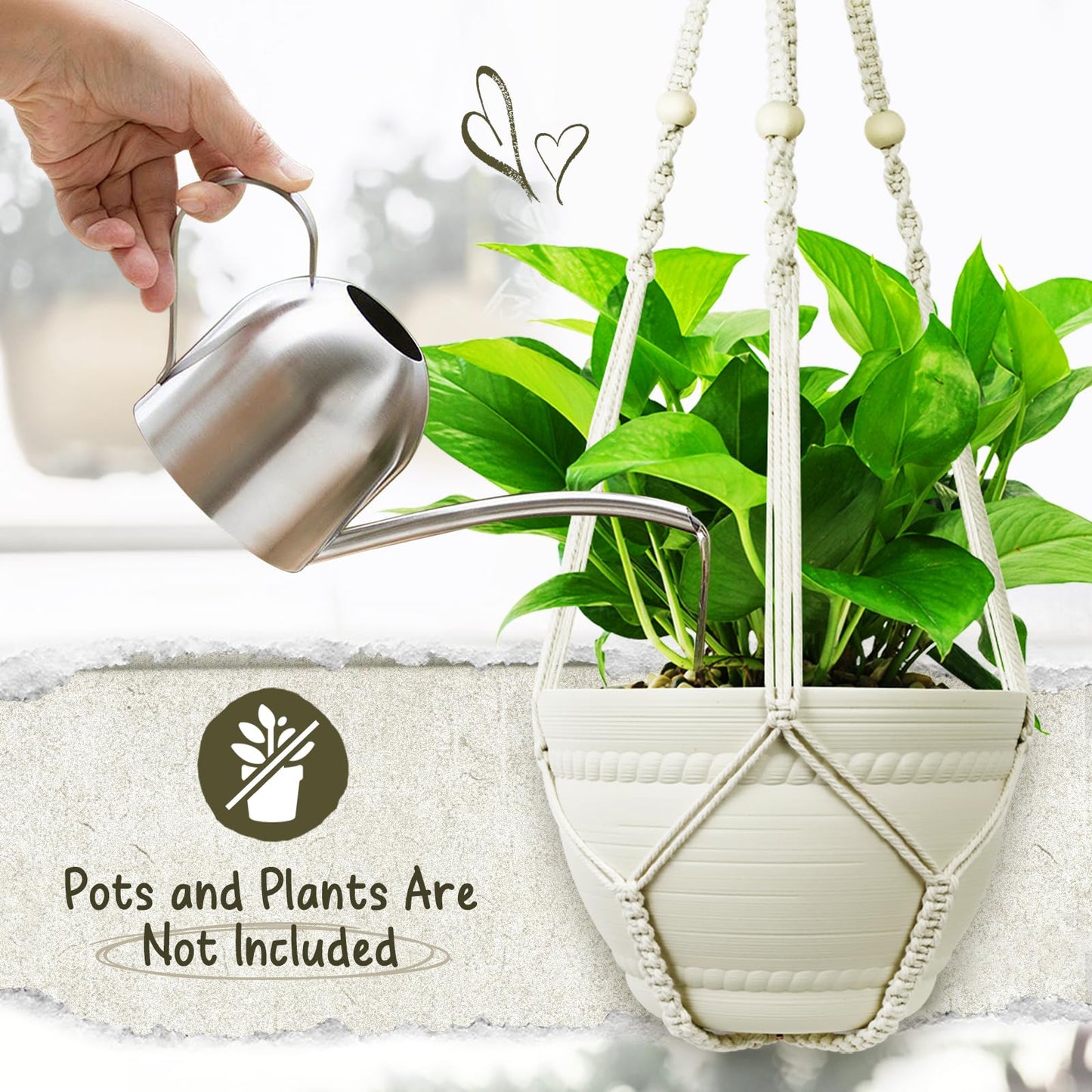 FGSAEOR Macrame Plant Holder Basket, Hanging 3-15 inch Pot, Bearing 20lb Planters, 35 Inches Extra Long Strong Boho Home Indoor Outdoor Décor (2-Pack) (Ivory)