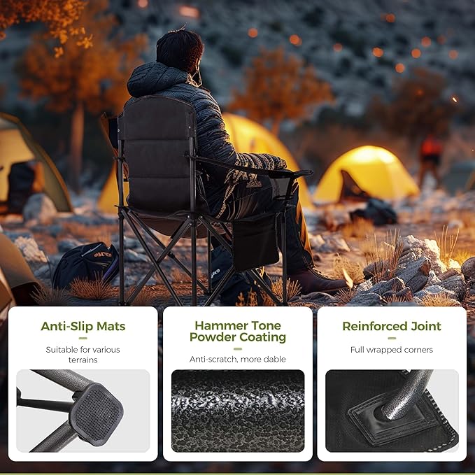 ALPHA CAMP Heavy Duty Camping Chair 500LBS Capacity, Oversized Folding Chair for Heavy People, Padded Portable Outdoor Chair with Cooler Bag & Cup Holder for Camping, Fishing, Beach