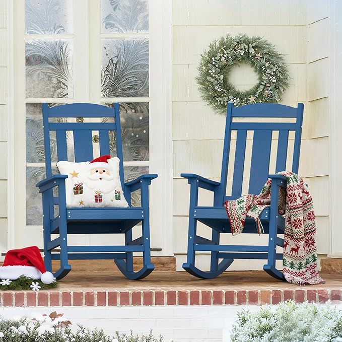 LUE BONA Outdoor Rocking Chairs Set of 2, Weather Resistant Poly Plastic Rocker Chairs, 350lb Heavy Duty, Oversized Porch Rocker for Adult, High Back Smooth Rocking Chairs for Outdoor & Indoor, Blue