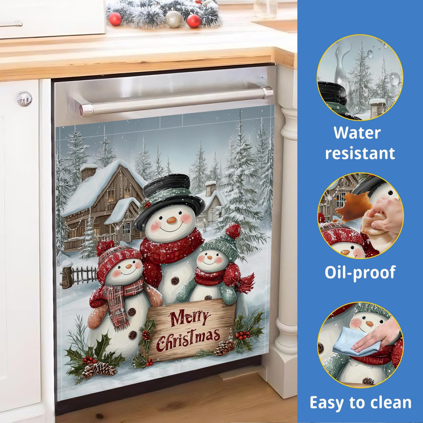 Merry Christmas Magnetic Dishwasher Cover,Washable Reusable Cute Snowmen Refrigerator Appliance Front Panel for Kitchen Decor,23 x 26 Inch