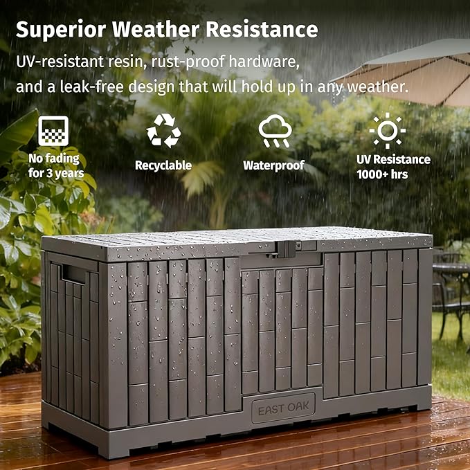 EAST OAK 120 Gallon Outdoor Storage Box | Large Resin Deck Box with Reinforced Stainless Steel Support | Waterproof & UV-Resistant Patio Storage Box for Cushions, Garden Tools & Pool Accessories, Grey