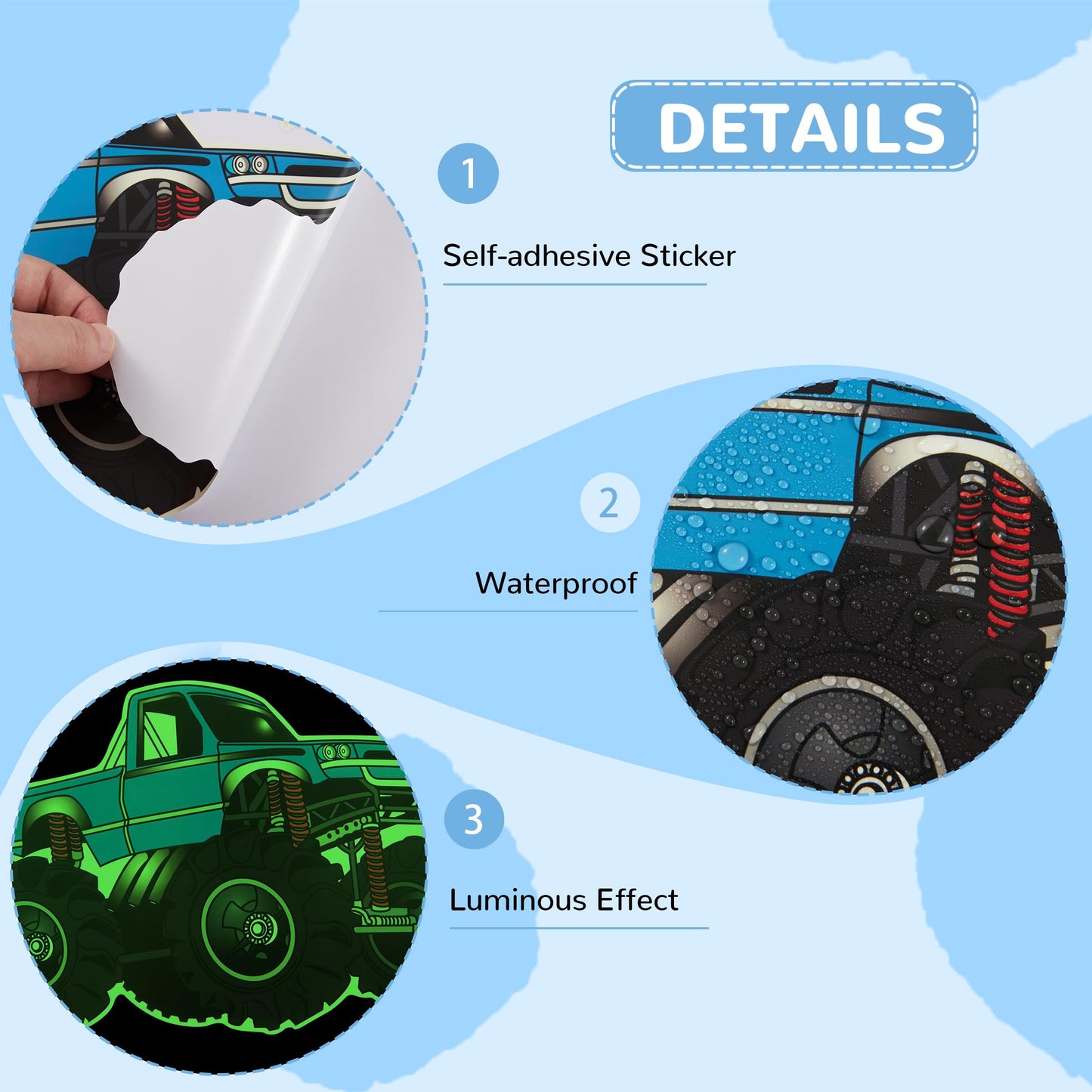 Glow in The Dark Racing Car Wall Stickers, Truck Kids Bedrooms Wall Decals, Racing Theme Big Foot Truck Ceiling Decor, Nursery Classroom Playroom Home Decor Gifts
