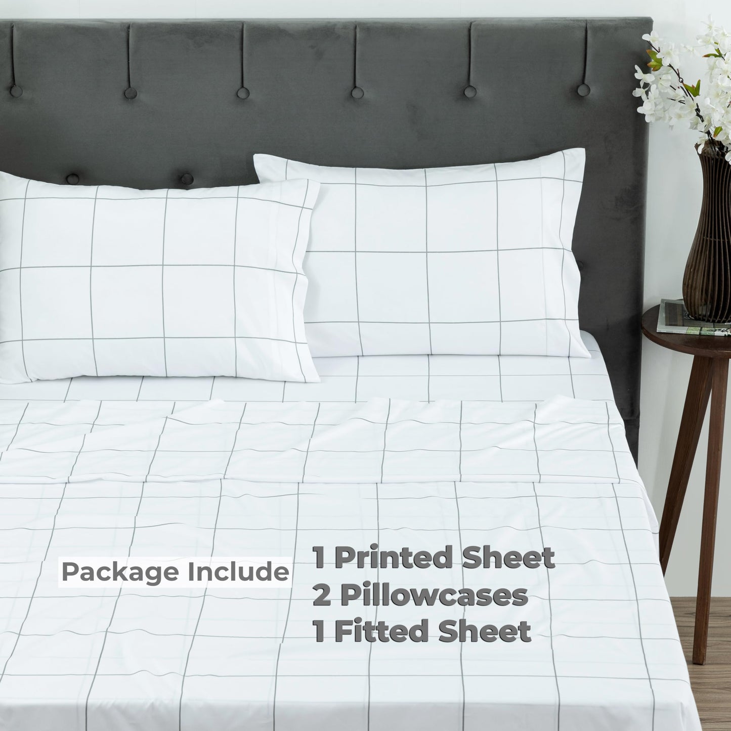 Dreamology Queen Sheet Set - 4 Pieces Microfiber Sheet, Printed Sheet Set with Solid Cuffed Detail, Includes 1 Flat Sheet, 1 Deep Pocket Fitted Sheet and 2 Pillowcases, Queen Sheets – Geo