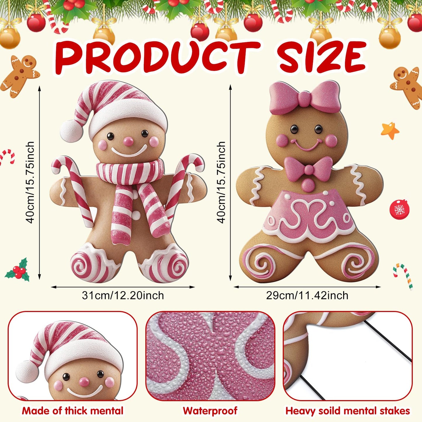 Memorywuu 2 Pack Christmas in July Yard Stakes Metal Stakes 3D Boy and Girl Yard Sign Christmas Outdoor Decorations for Outside Holiday Xmas Winter Ornament Lawn(Pink Gingerbread Man Couple)
