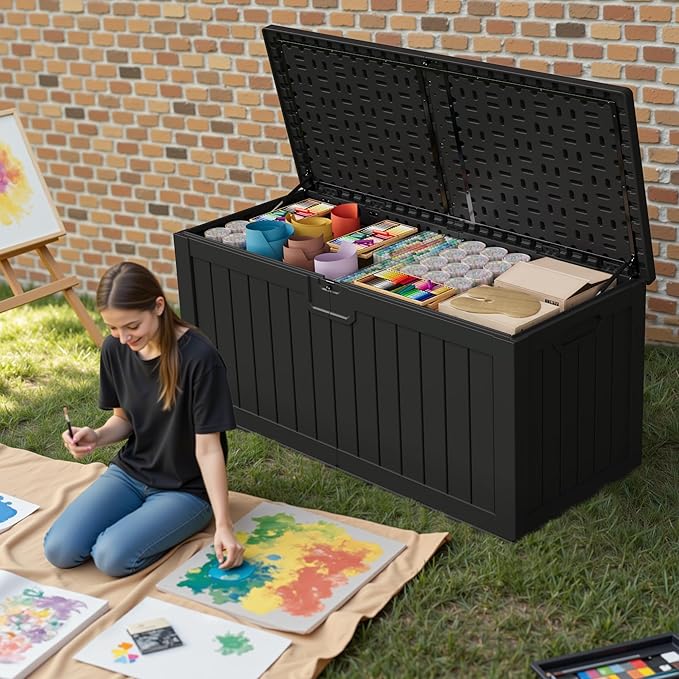 Patiowell 240 Gallon Large Outdoor Storage Box, Waterproof Deck Box with Fixed Divider, Lockable and Durable Patio Storage Solution for Patio Furniture and Garden Tools (Black)