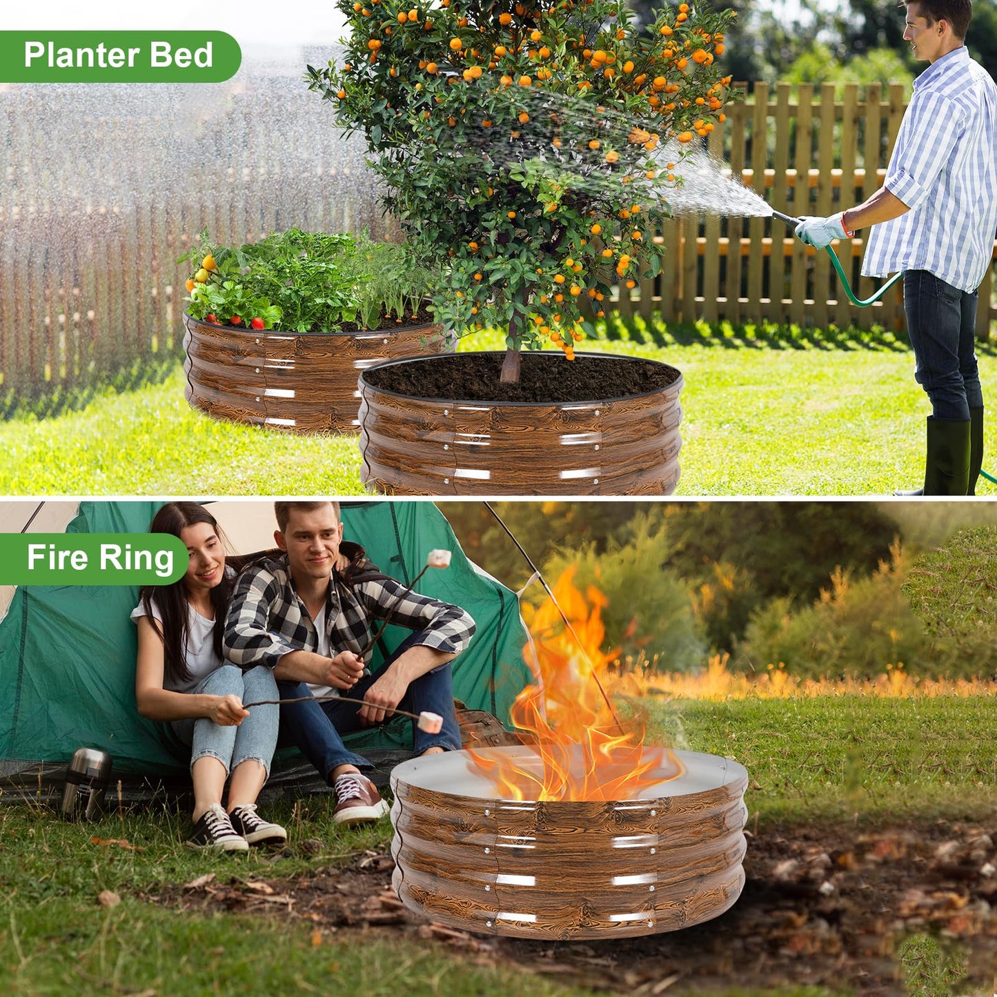 Permade Galvanized Raised Garden Bed- 2Pcs Metal Planter Boxes Outdoor | 12" Tall 36" Round Steel Raised Bed Kit & Fire Pit Ring for Gardening with Protective Tape for Vegetables (Wood Grain)
