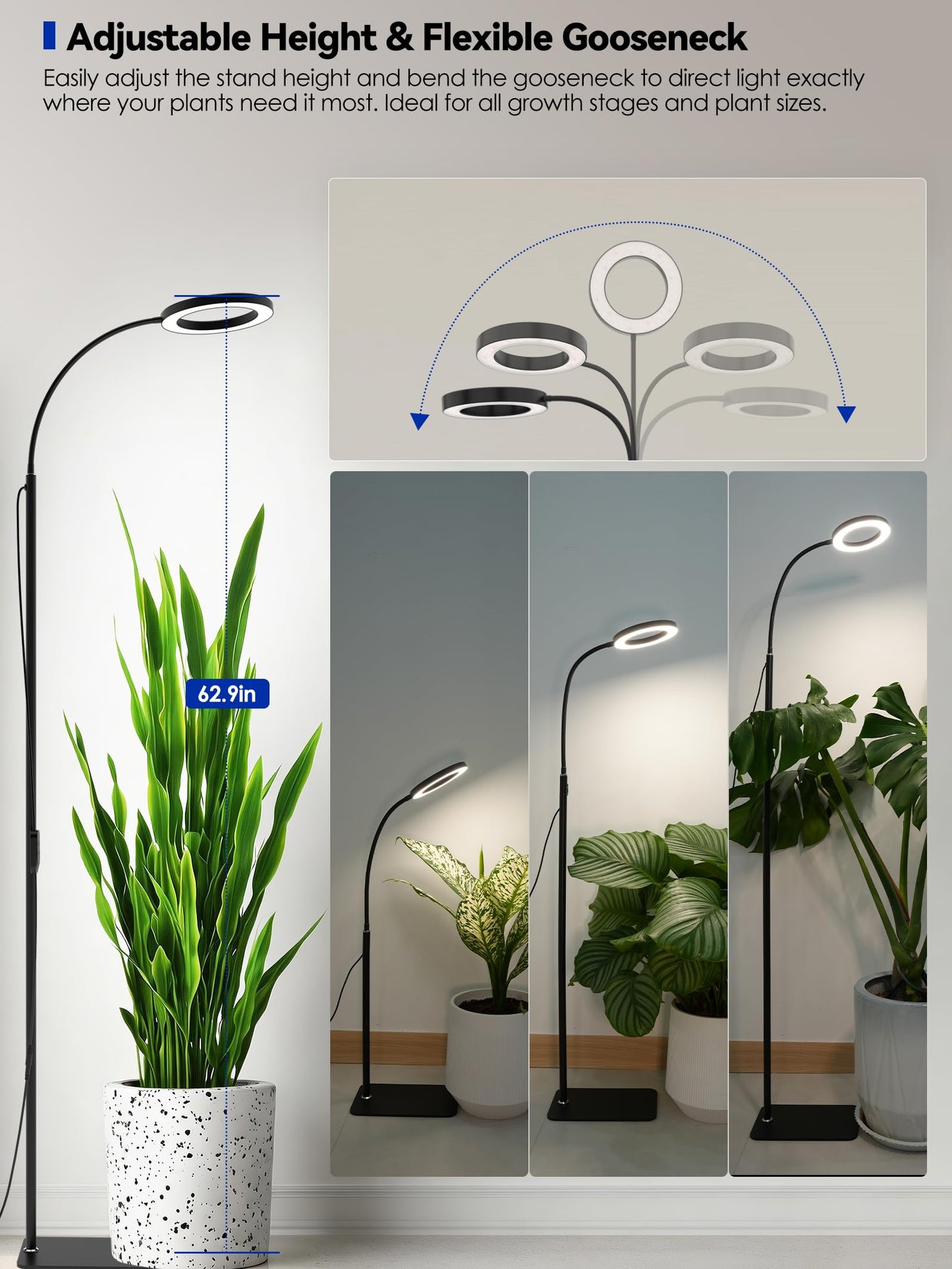 GLOWRIUM Grow Lights for Indoor Plants, Full Spectrum LED Grow Light Floor Lamp with Stand Adjustable Height and Angle, Black Plant Light with 3/9/12H Grow Light Timer (Black, 36W)