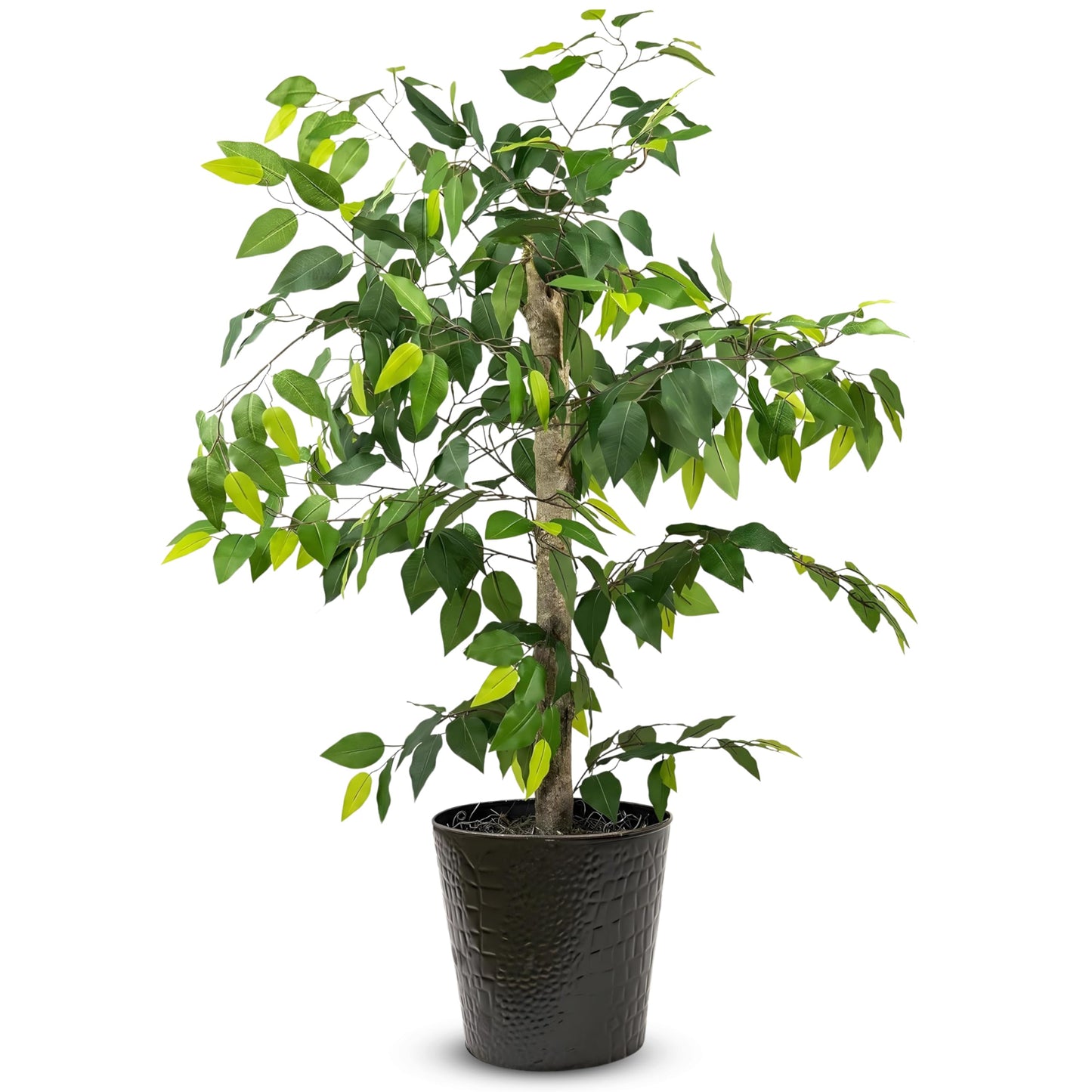 LCG Florals 4ft Ficus Tree in Black Metal Pot with Real-Wood Trunk - Indoor and Outdoor Faux Plants for Patio, Living Rooms, Offices & Outdoor Spaces