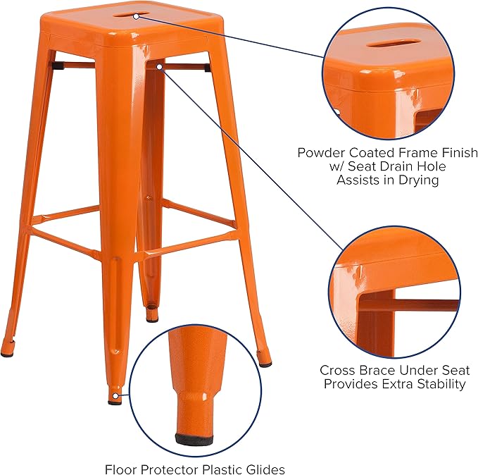 Flash Furniture Lily 4 Pack Commercial Grade 30" High Backless Orange Metal
