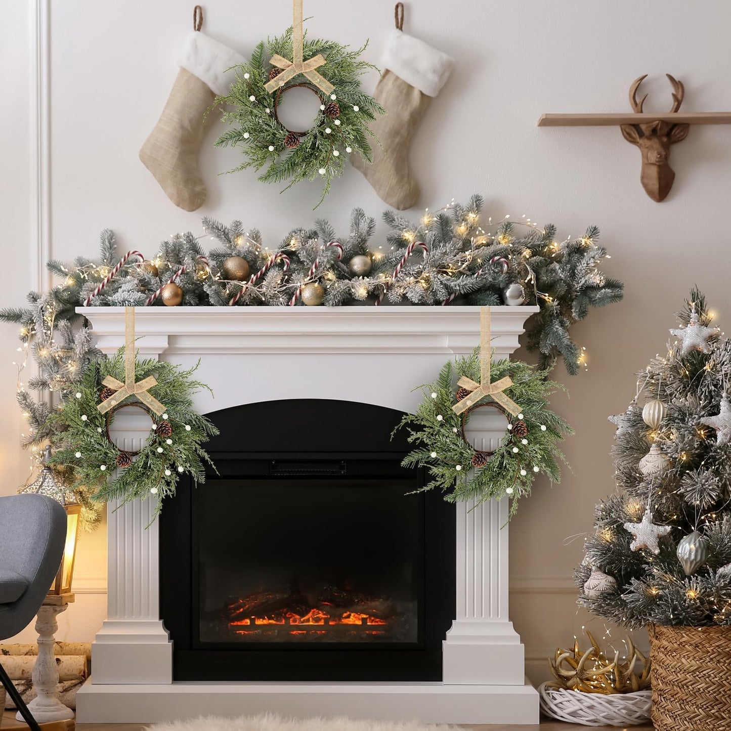 6 PCS Christmas Wreath Christmas Kitchen Cabinet Wreaths with Burlap Ribbon Mini Wreath Pine Garland Frosted Cedar Pine Cone Hanging Garlands Candle Rings for Front Door Window Chair Wall